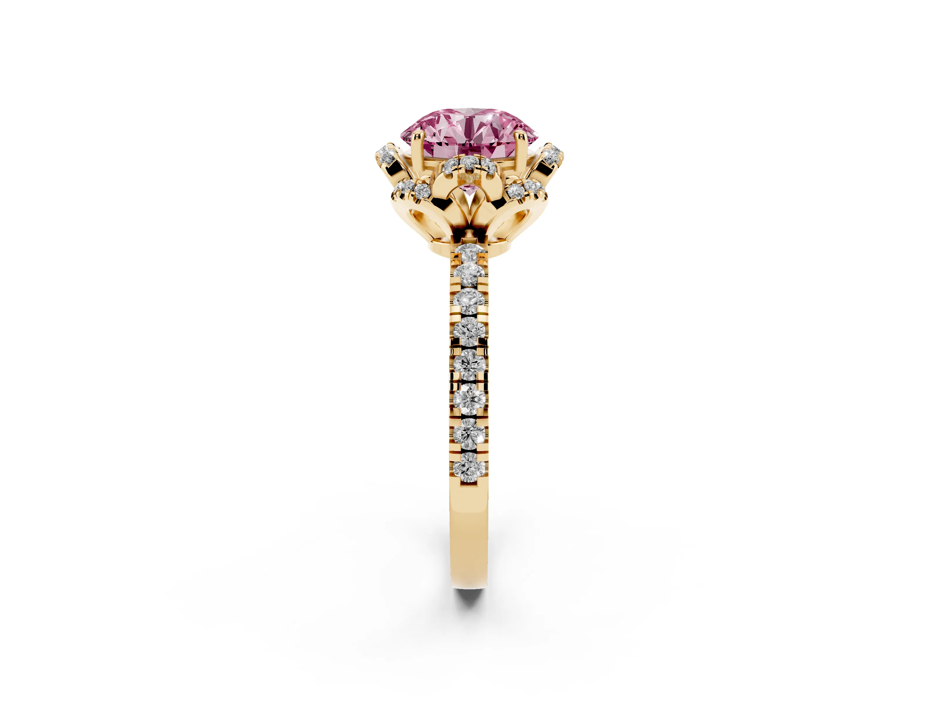 Fancy Pink Round Cut Diamond Halo Pavé Band Ring Set in Yellow gold with Prong-Held Center