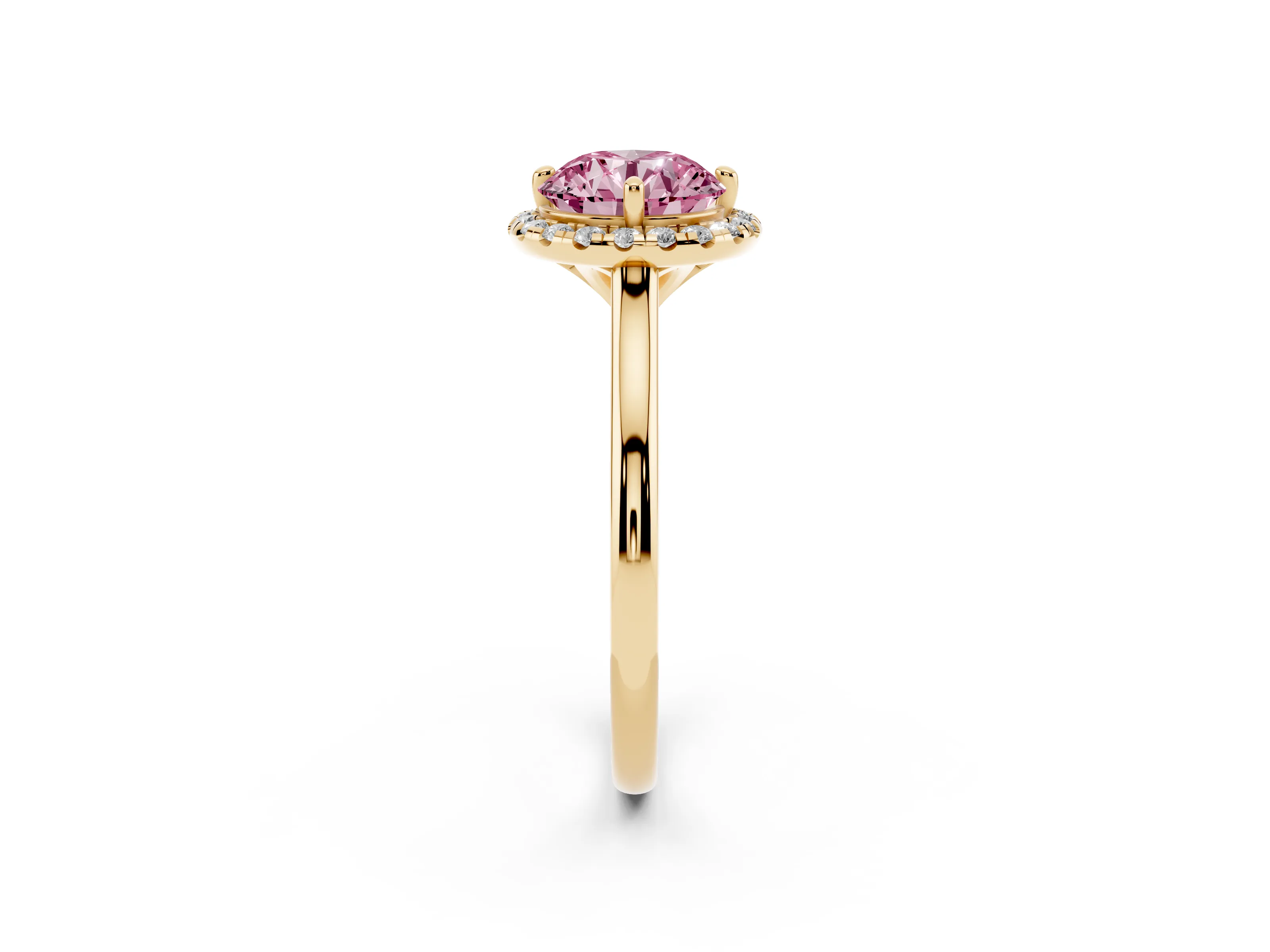 Fancy Pink Round Cut Diamond Halo Engagement Ring Set in Yellow gold with Pavé Band and Rising Shoulders
