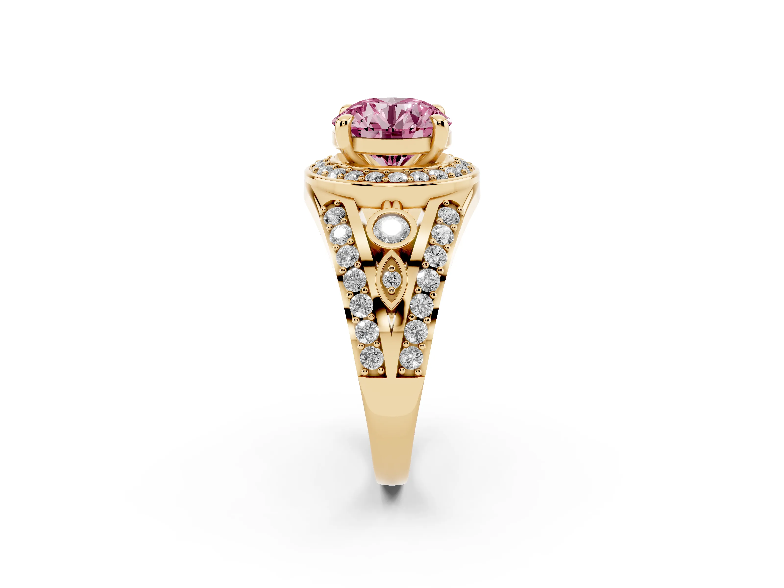 Fancy Pink Round Cut Diamond Halo Ring Set in Yellow gold with Pavé Split Shank and Bezel Accents