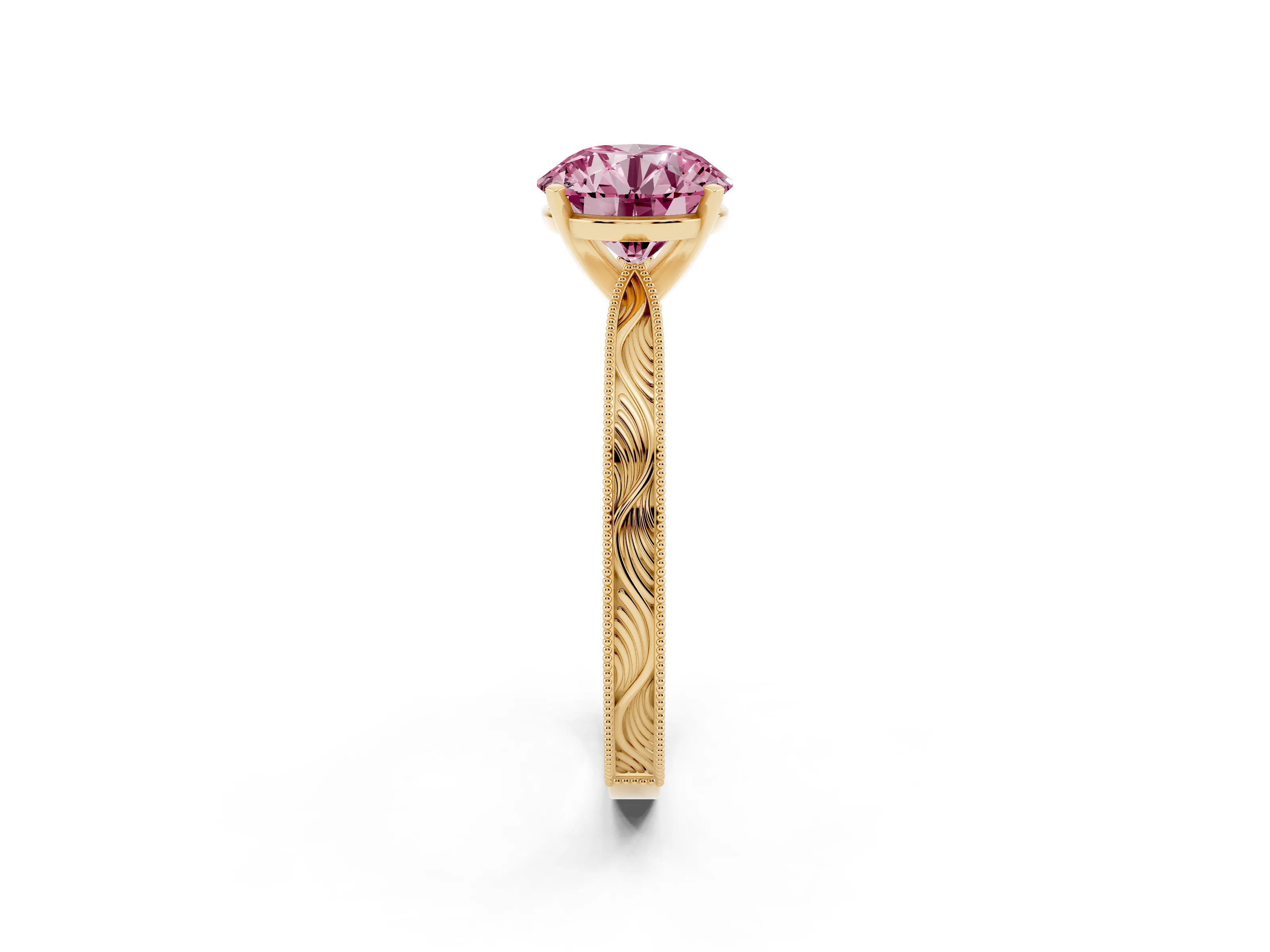 Fancy Pink Round Cut Diamond Solitaire Milgrain Engraved Band Set in Yellow gold with Prong Setting