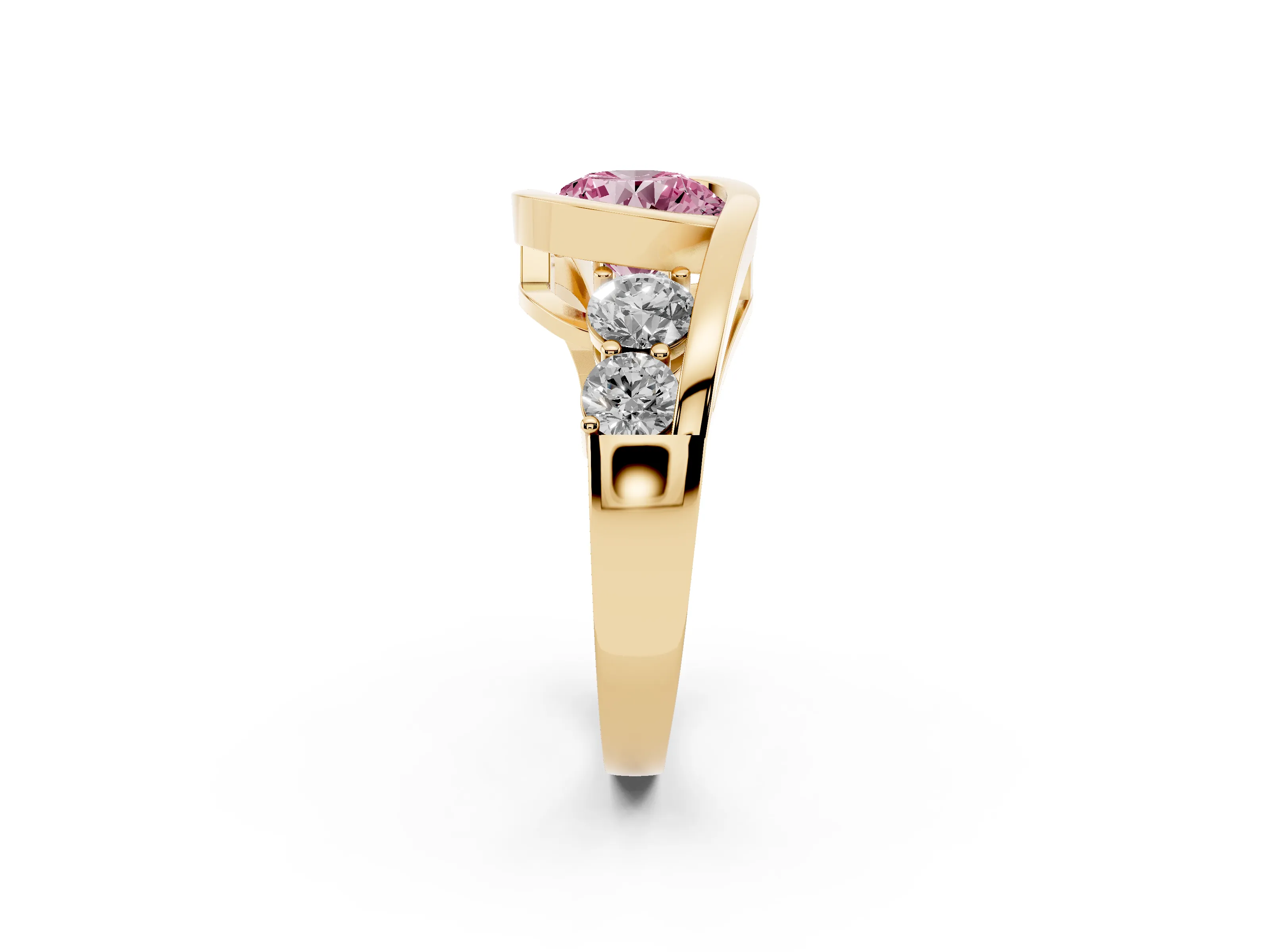 Fancy Pink Round Cut Diamond Bezel Bypass Ring Set in Yellow gold with Round Accents