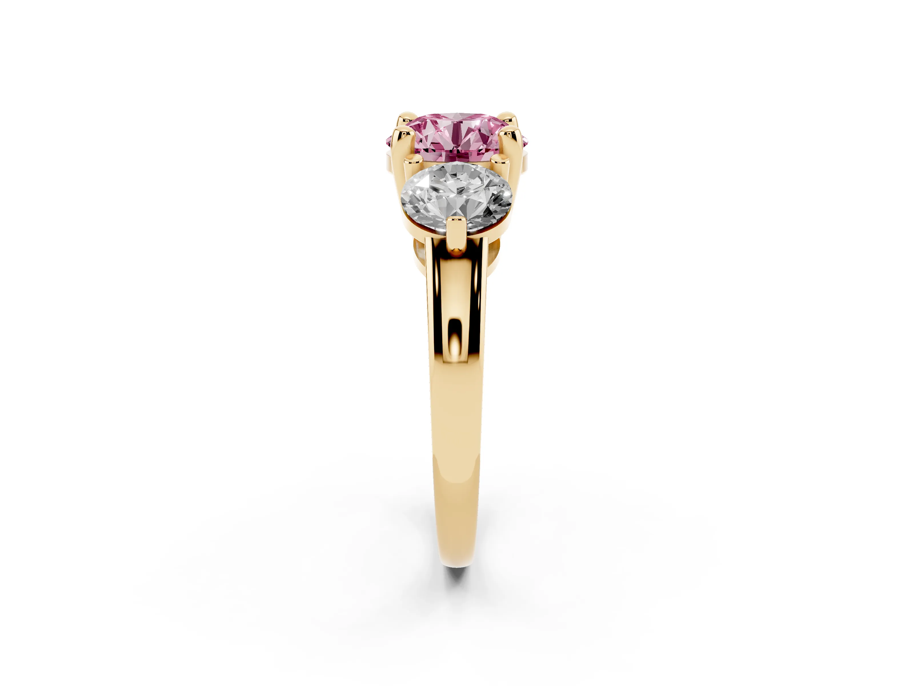 Fancy Pink Round Cut Diamond Three-Stone Ring Set in Yellow gold with Prong Setting and Classic Band