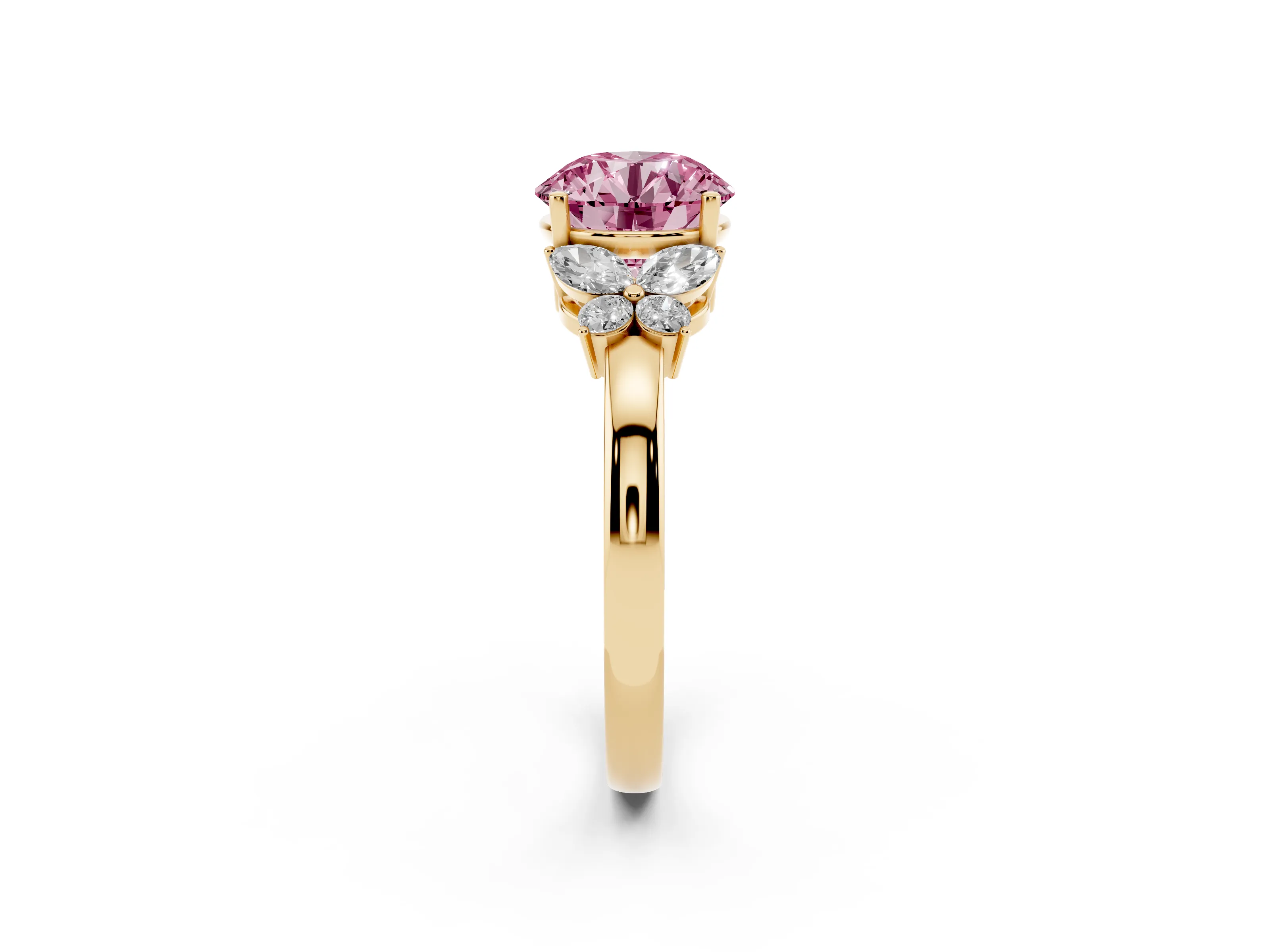 Fancy Pink Round Cut Diamond Solitaire Floral Ring Set in Yellow gold with Marquise Petals and Prong Setting