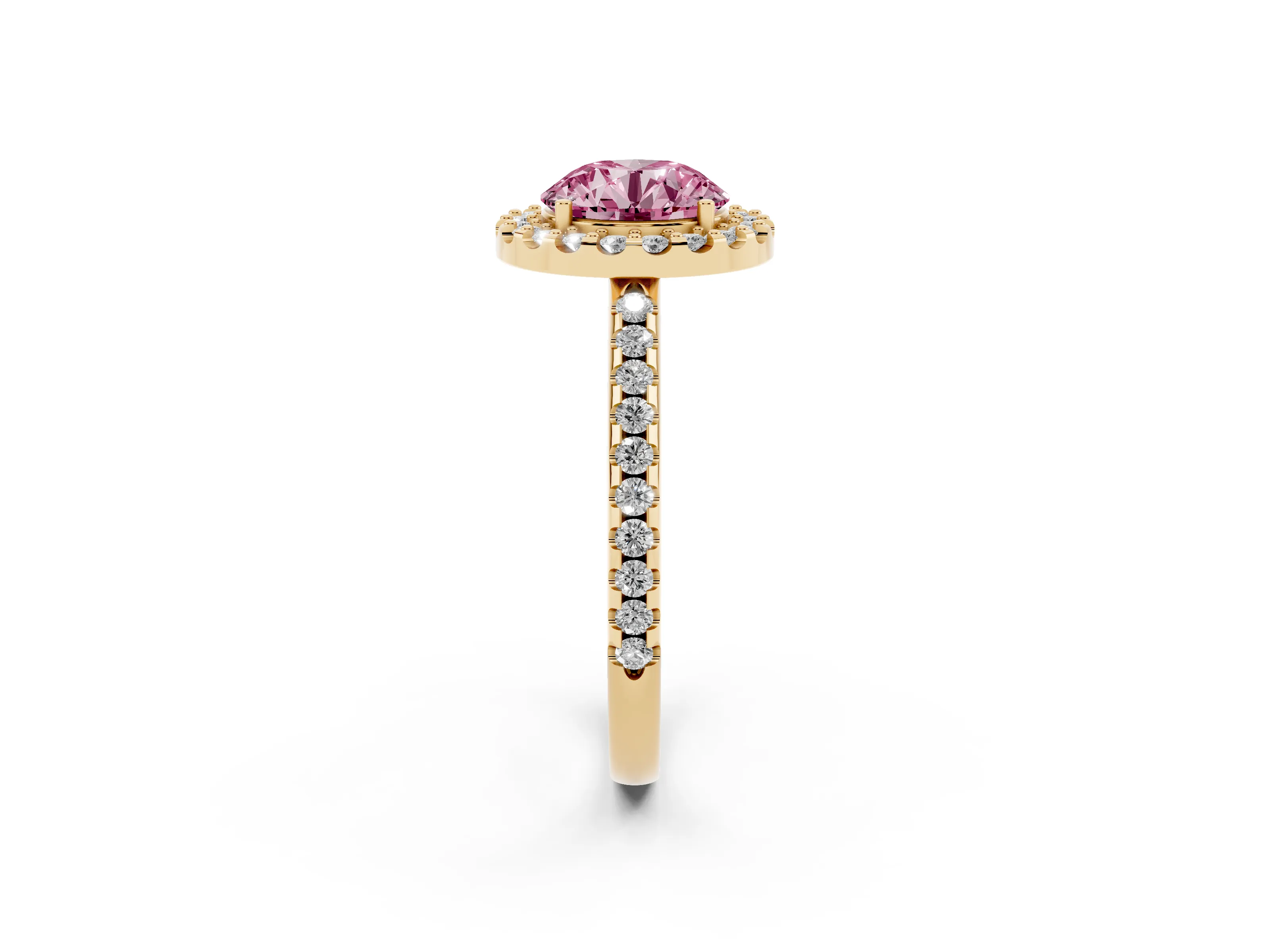 Fancy Pink Round Cut Diamond Pavé Halo Ring Set in Yellow gold with Prong Setting