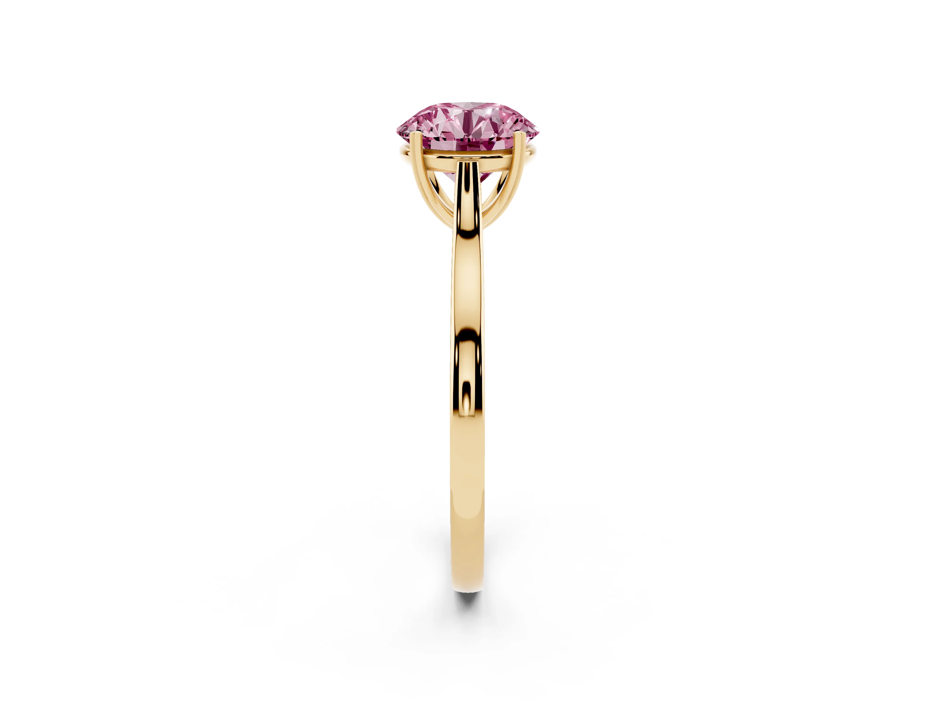 Fancy Pink Round Cut Diamond Solitaire Heart Prong Engagement Ring Set in Yellow gold with Tapered Band