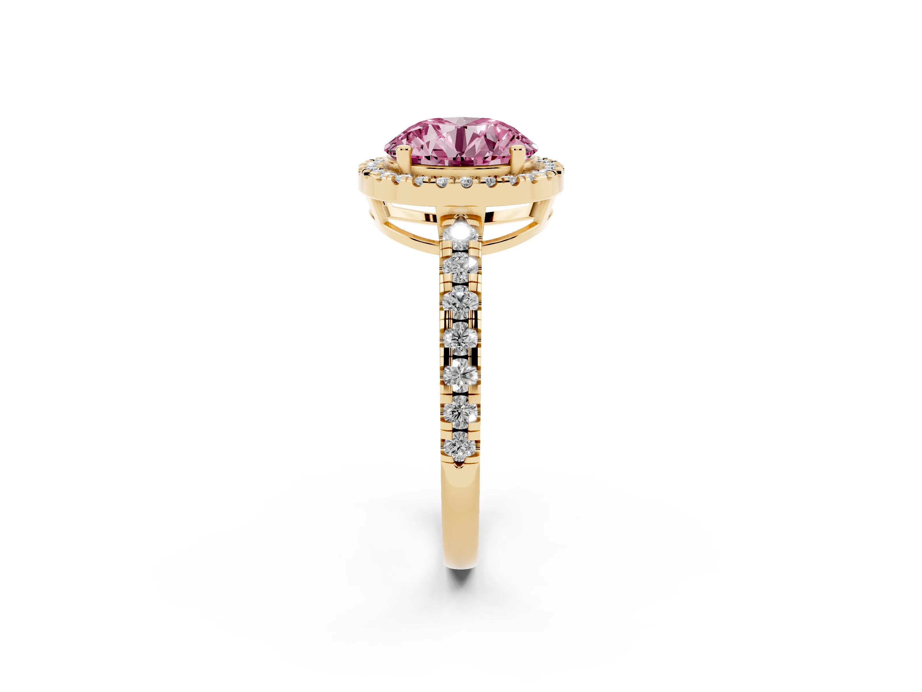 Fancy Pink Round Cut Diamond Halo Ring Set in Yellow gold with Delicate Pavé Band and Prong Setting