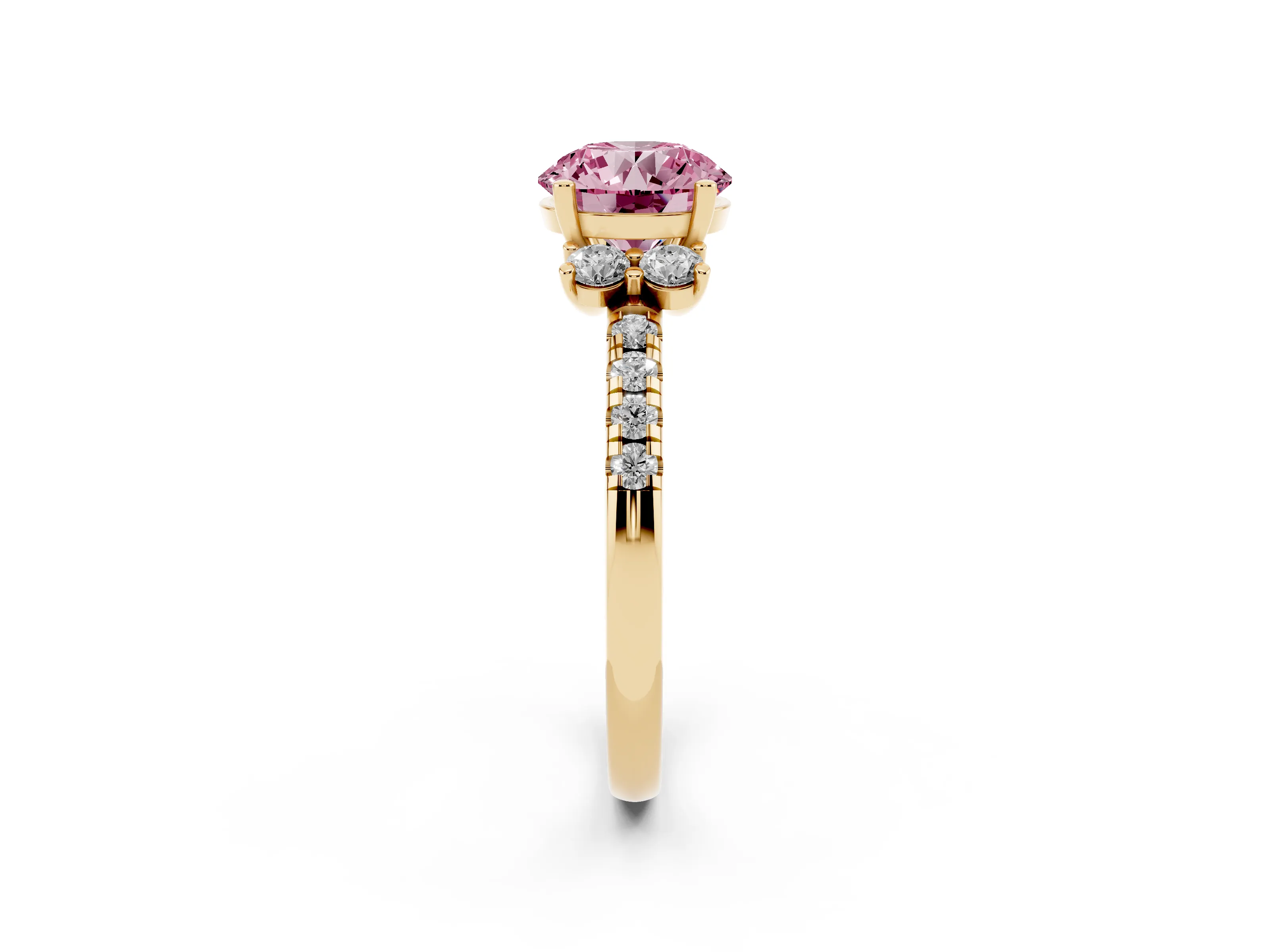 Fancy Pink Round Cut Diamond Three-Stone Pavé Ring Set in Yellow gold with Prong Setting