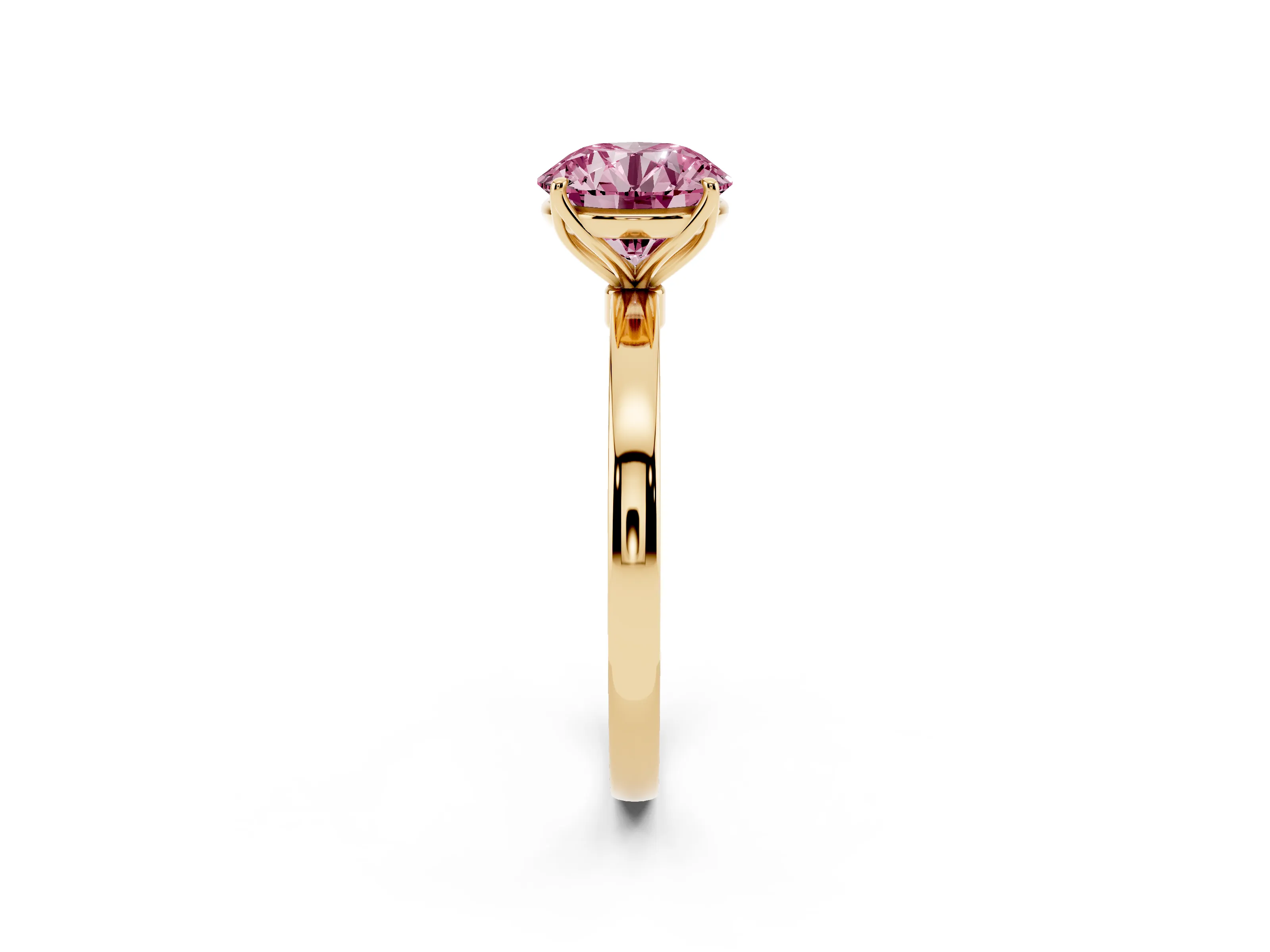 Fancy Pink Round Cut Diamond Solitaire Ring Set in Yellow gold with Prong Setting and Thin Polished Band