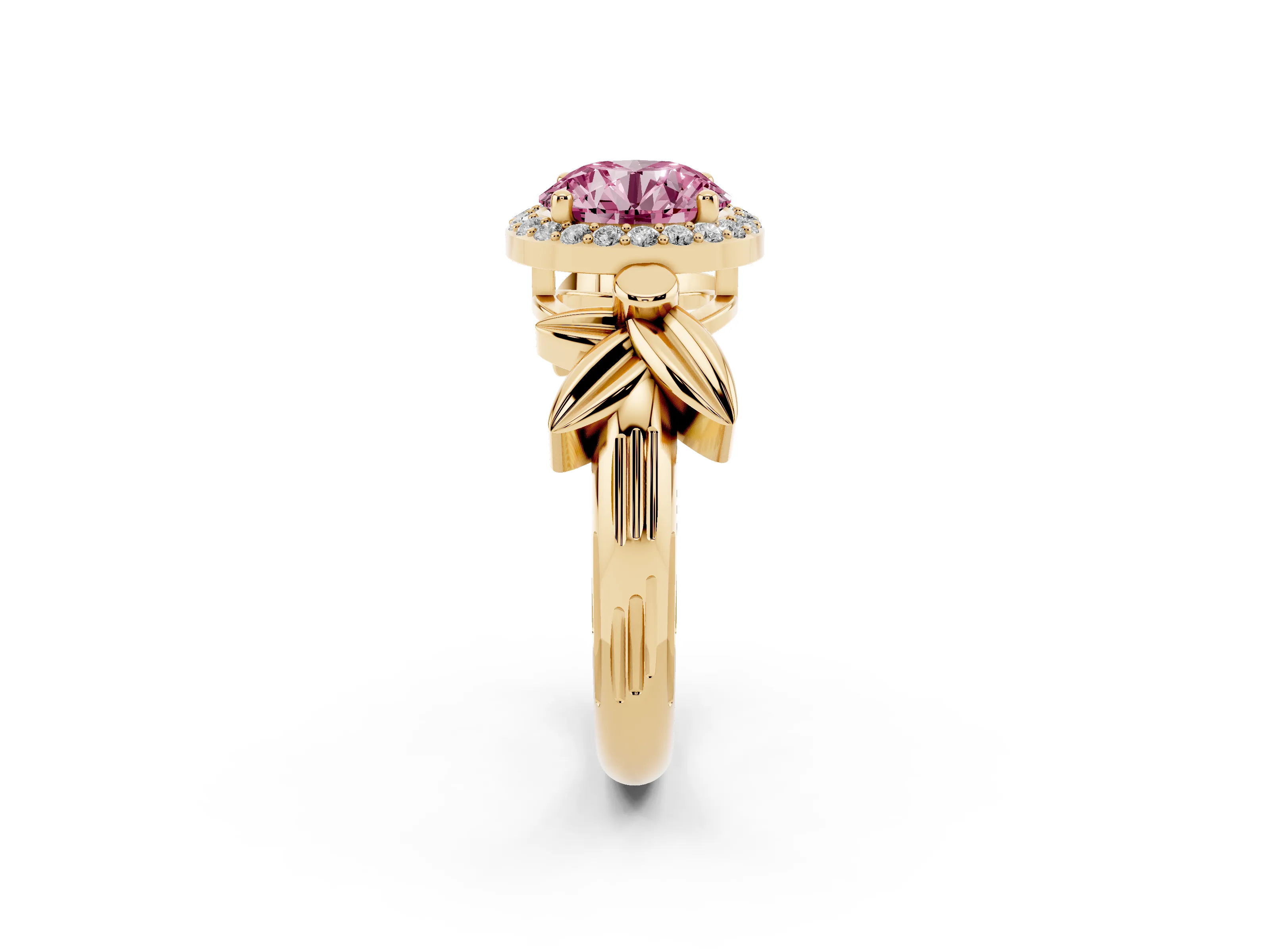 Fancy Pink Round Cut Diamond Halo Floral Band Ring Set in Yellow gold with Prong Setting