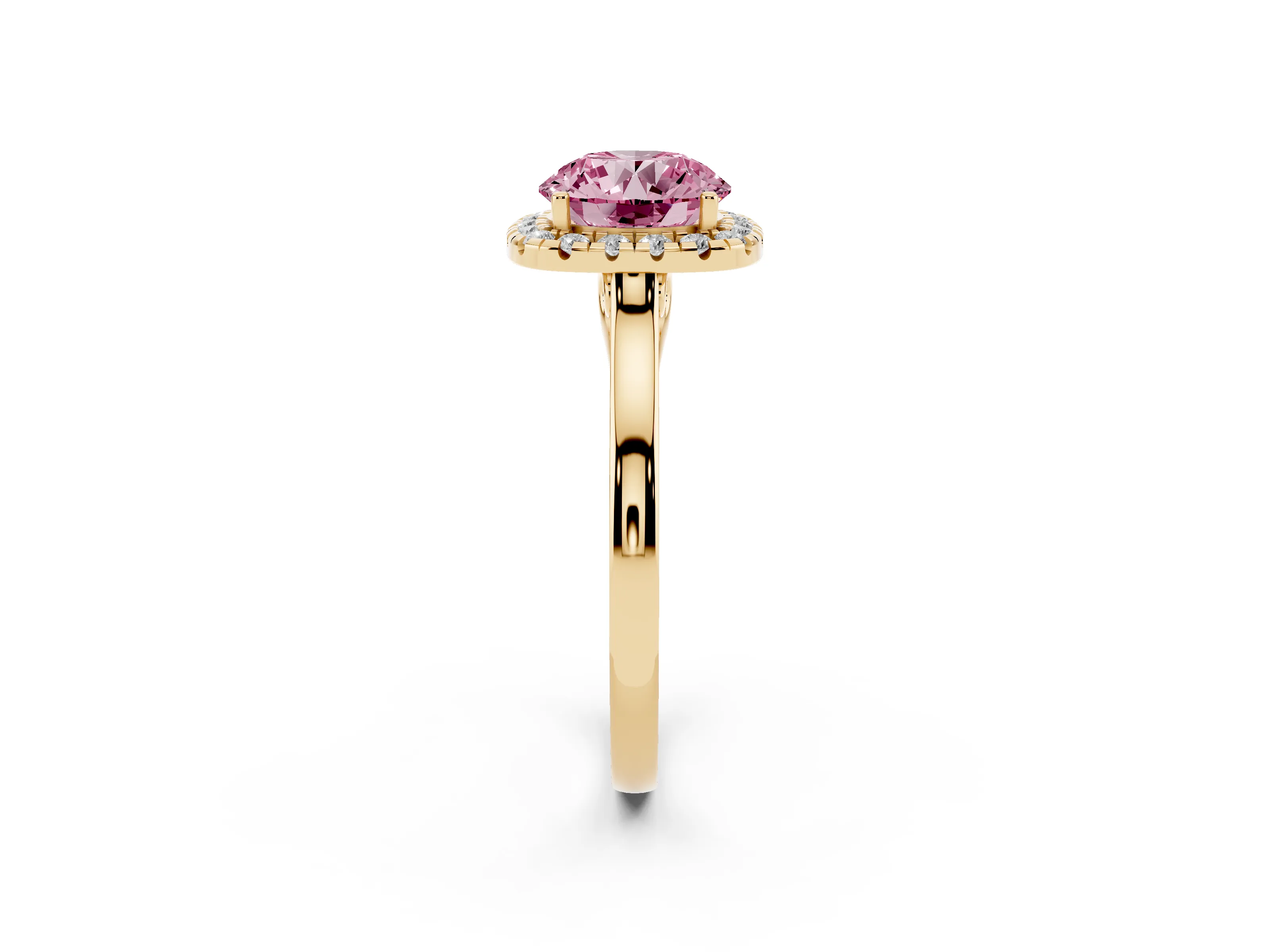 Fancy Pink Round Cut Halo Round Diamond Solitaire Ring Set in Yellow gold with Pavé Band and Prong Setting