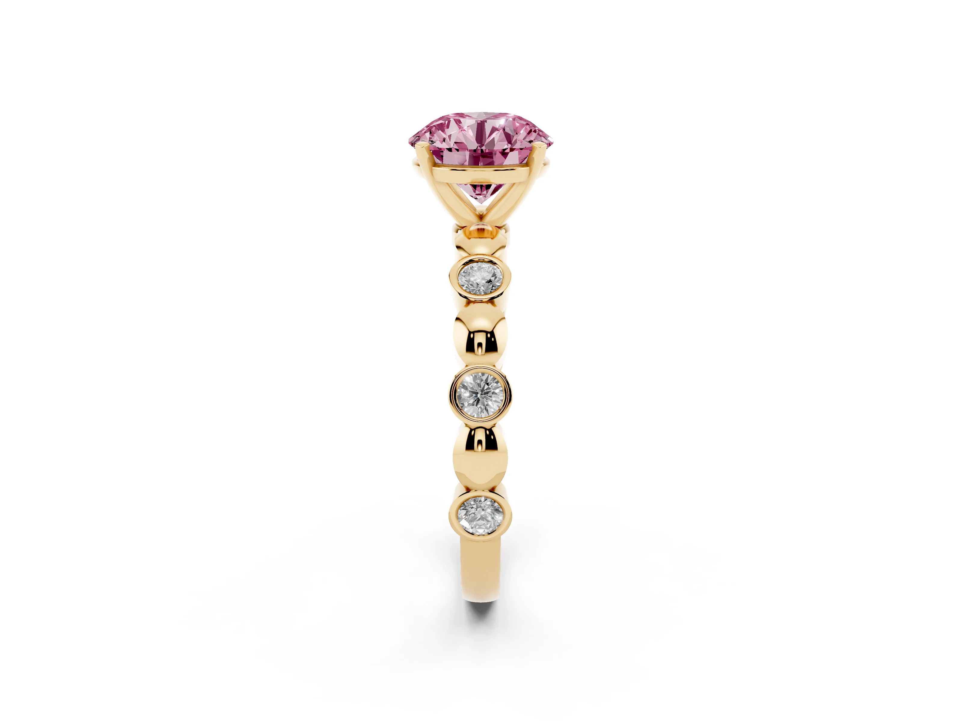 Fancy Pink Round Cut Diamond Solitaire Ring Set in Yellow gold with Bezel-Set Accents on Beaded Band and Prong Setting