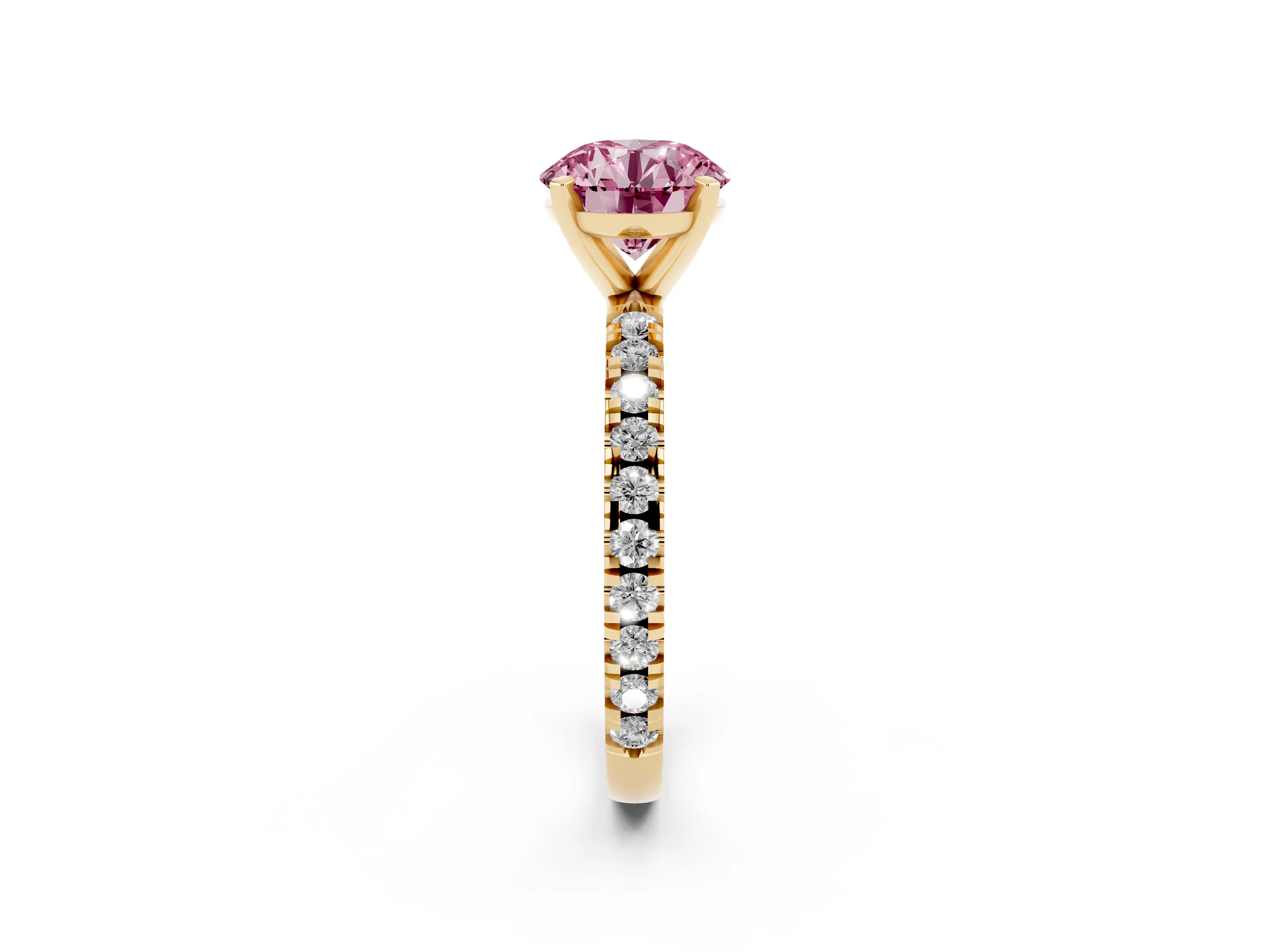 Fancy Pink Round Cut Diamond Pavé Band Solitaire Set in Yellow gold with Prong Setting