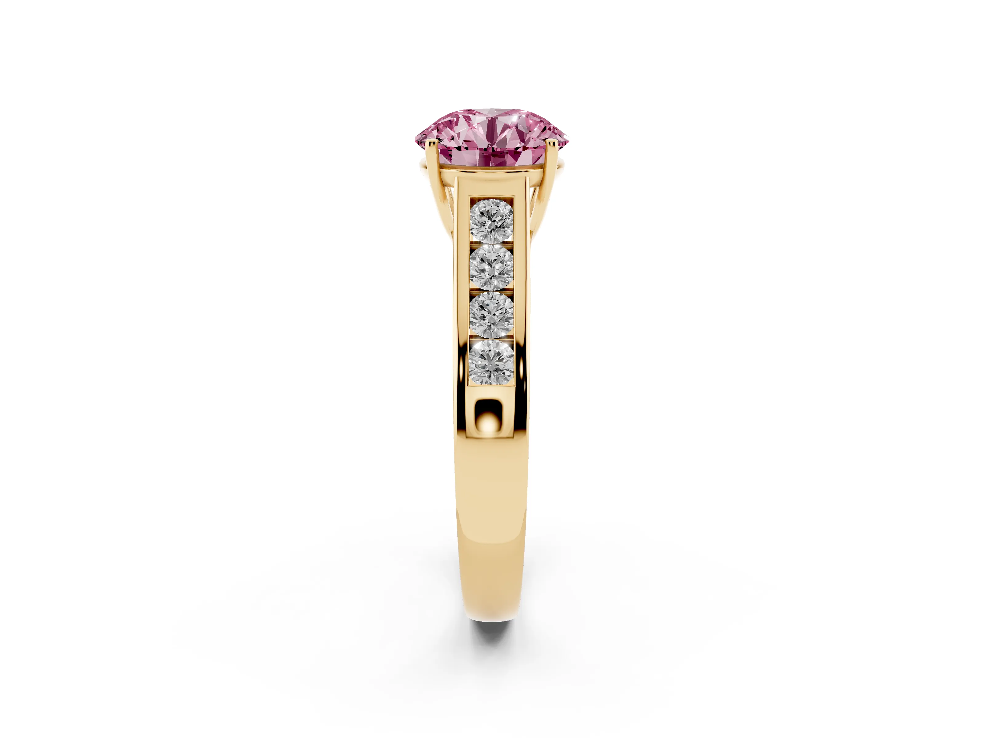 Fancy Pink Round Cut Diamond Solitaire Channel-Set Engagement Ring Set in Yellow gold with Prong Setting