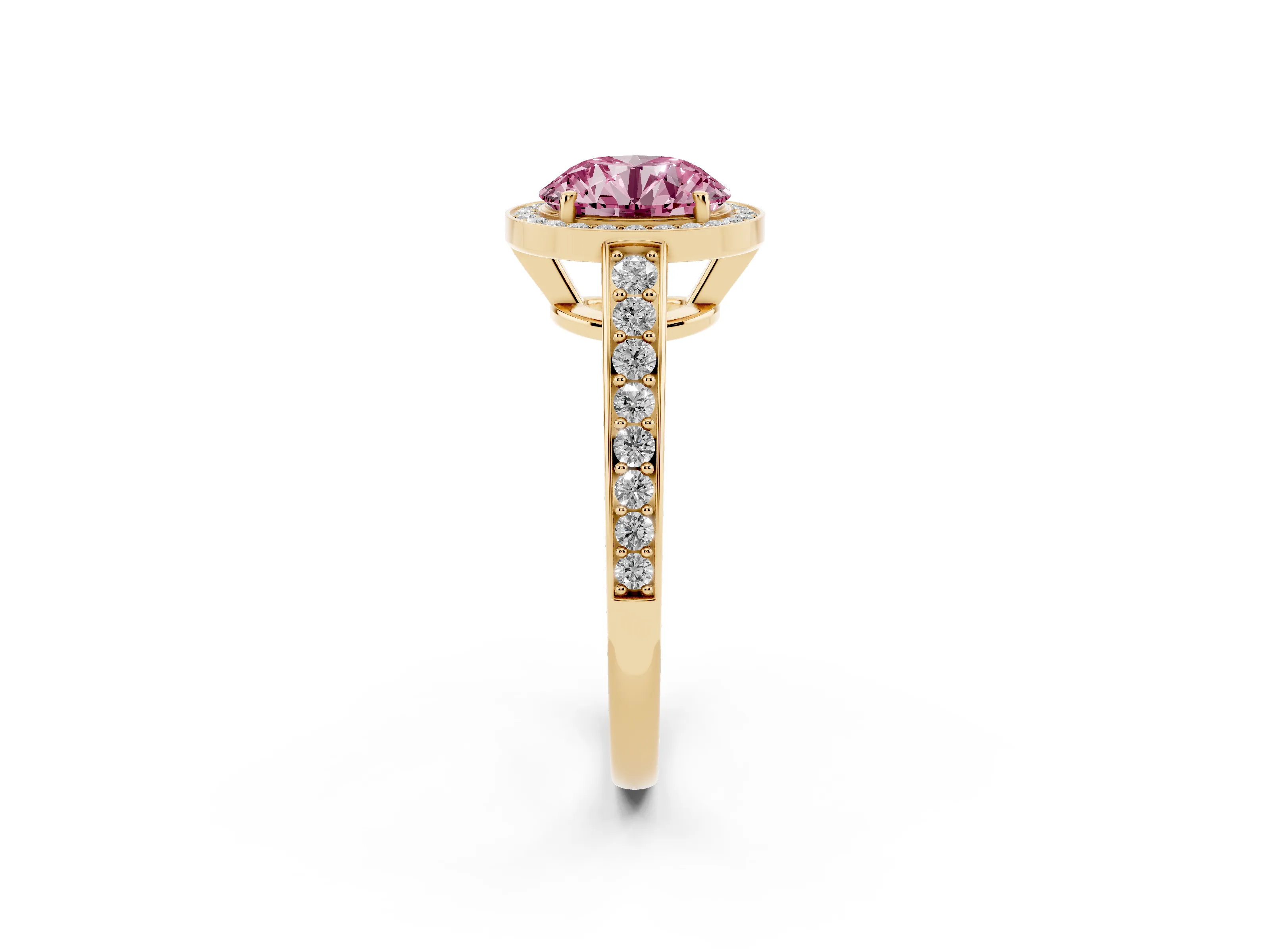 Fancy Pink Round Cut Diamond Halo Pavé Engagement Ring Set in Yellow gold with Bezel Setting