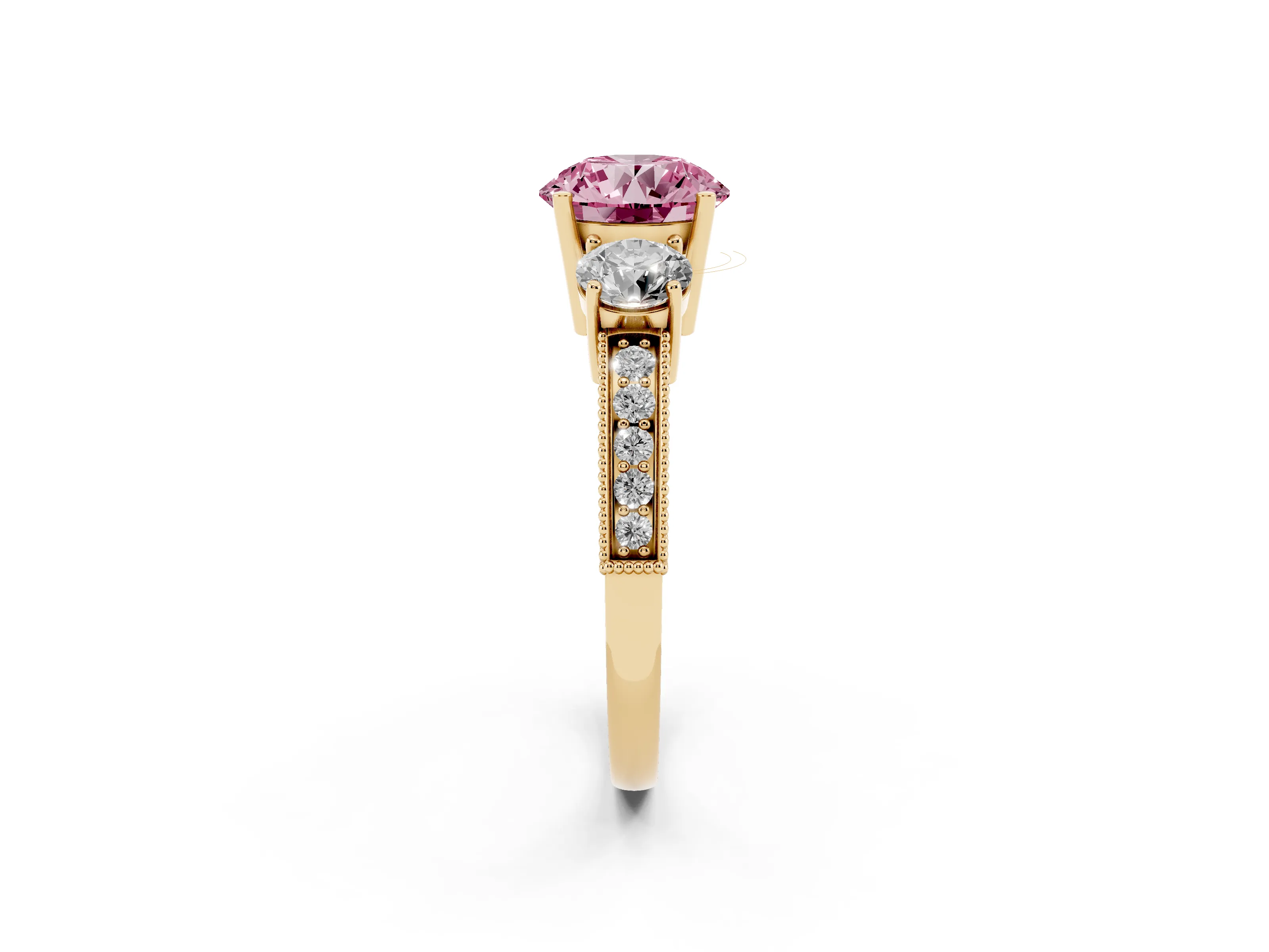 Fancy Pink Round Cut Diamond Three-Stone Ring Set in Yellow gold with Round Side Stones and Pavé Band