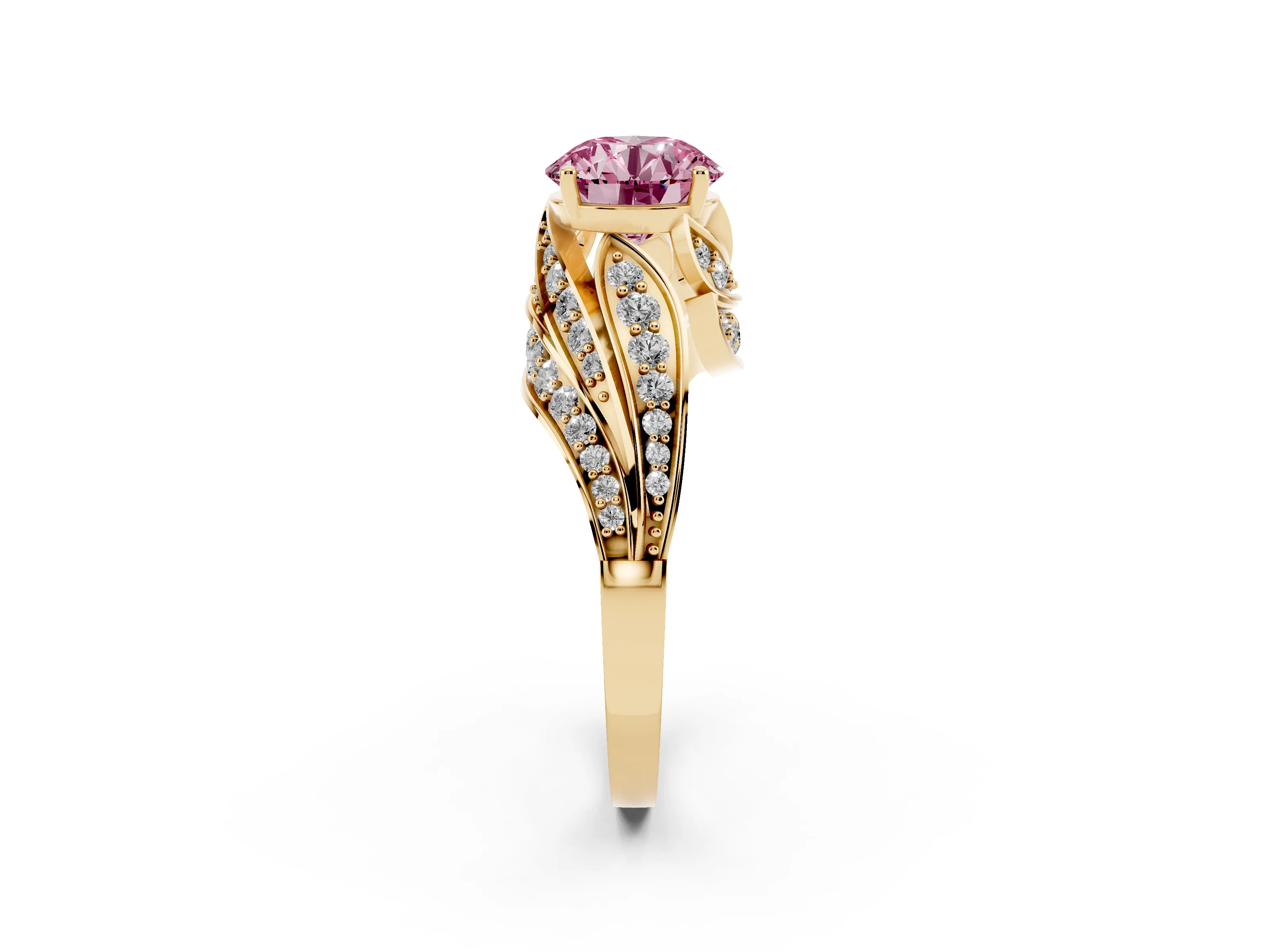 Fancy Pink Round Cut Diamond Solitaire Ring Set in Yellow gold with Layered Twist Pavé Band