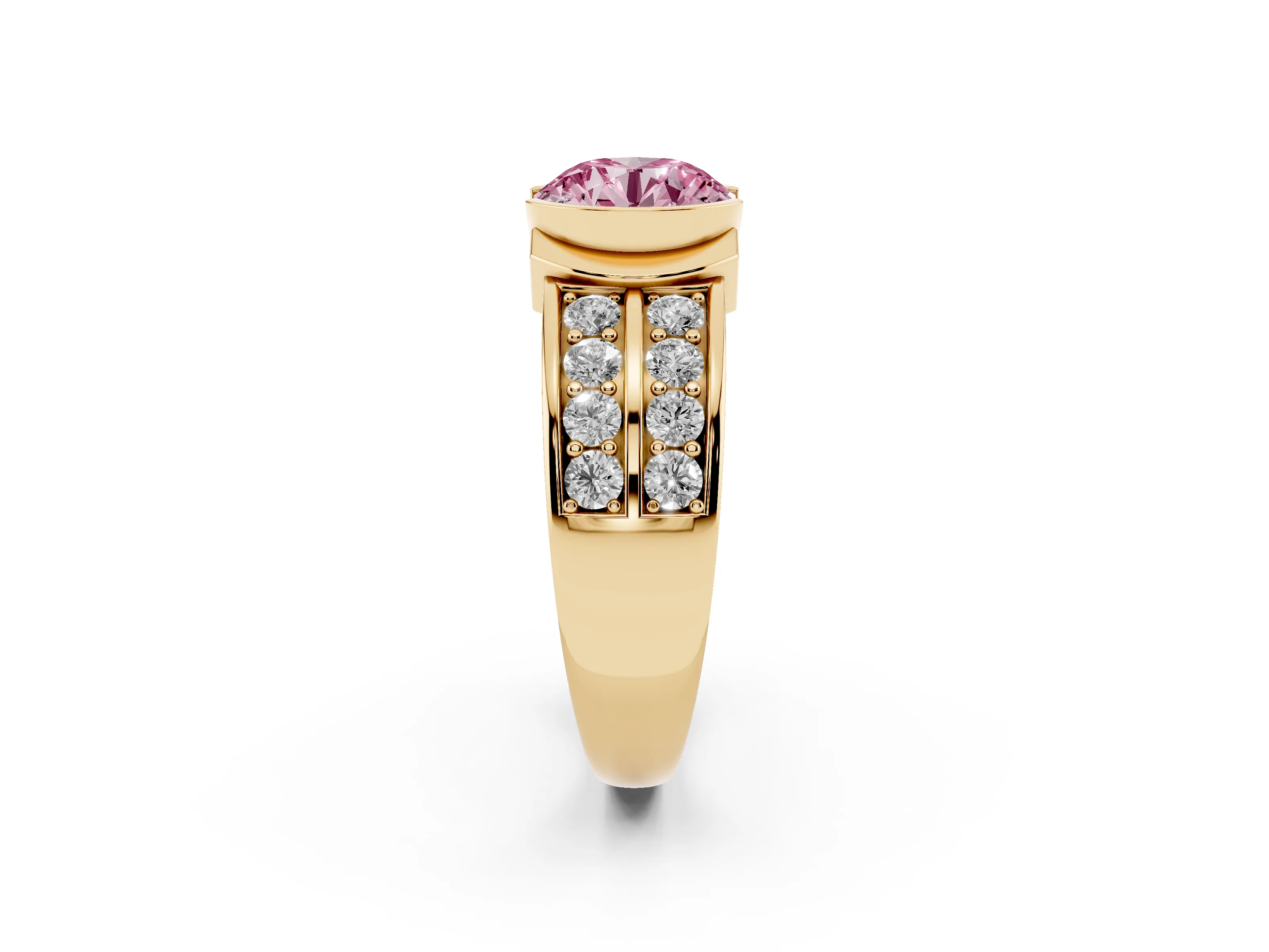 Fancy Pink Round Cut Diamond Wide Channel Set Band Ring Set in Yellow gold with Bezel Setting