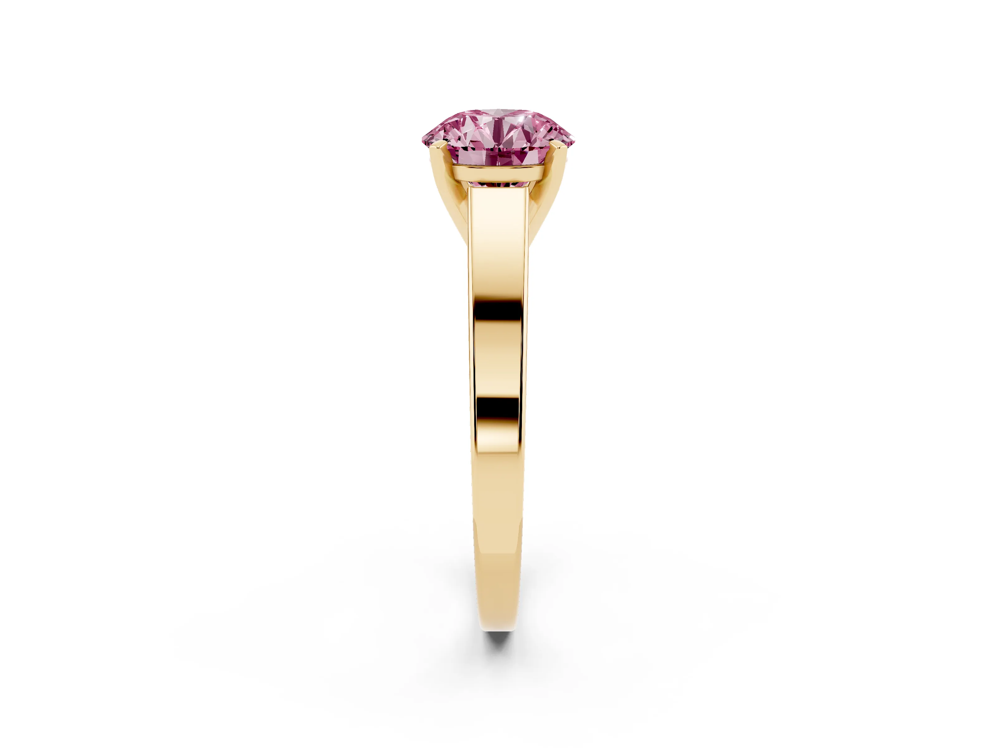 Fancy Pink Round Cut Diamond Solitaire Engagement Ring Set in Yellow gold with Prong Setting and Tapered Band