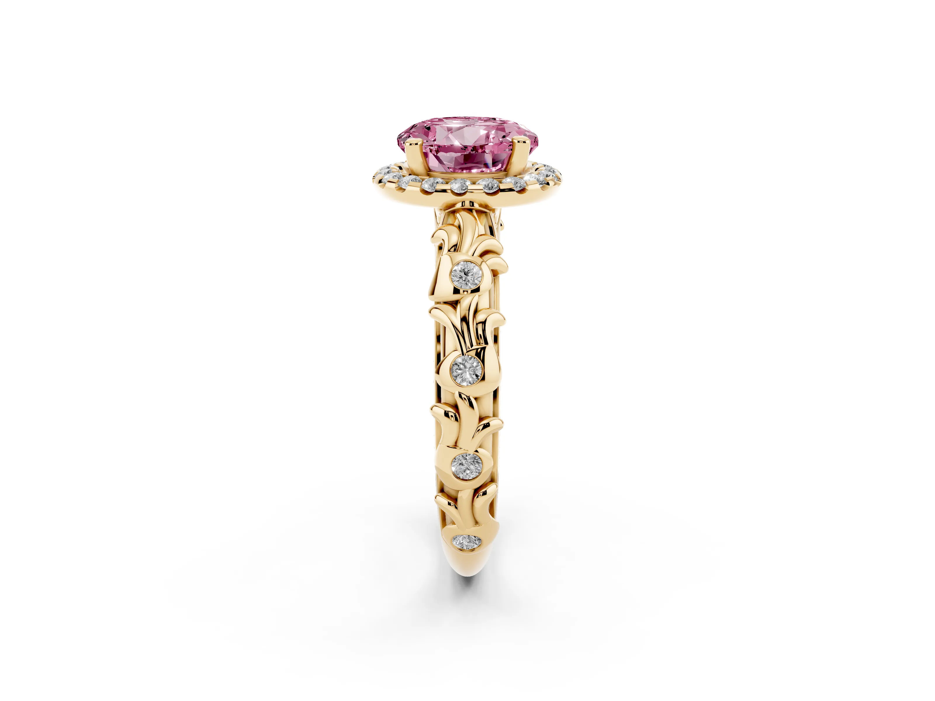 Fancy Pink Round Cut Diamond Halo Ring Set in Yellow gold with Filigree Leaf Band and Prong Setting