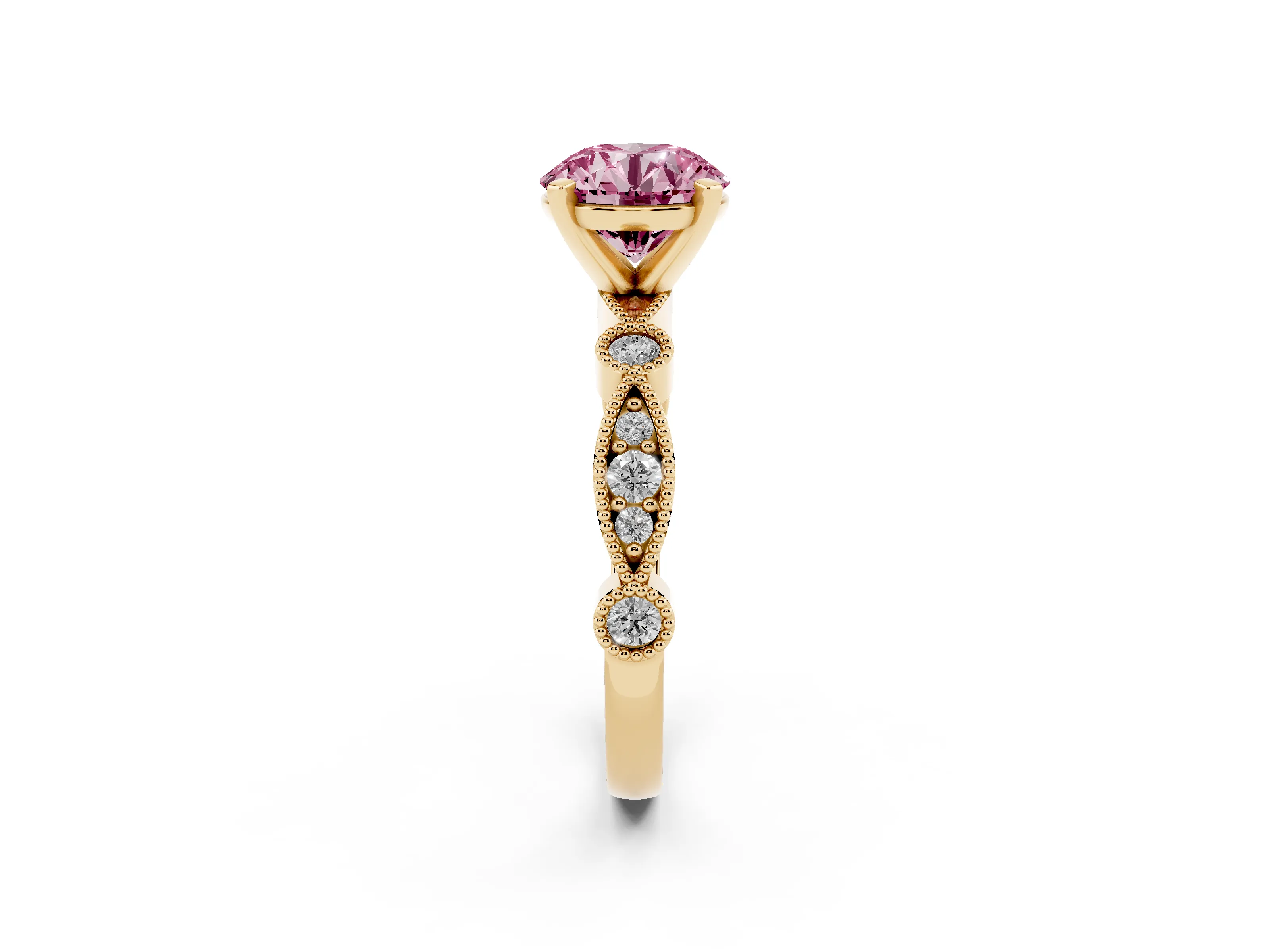 Fancy Pink Round Cut Diamond Solitaire Engagement Ring Set in Yellow gold with Milgrain Bezel Accent Band