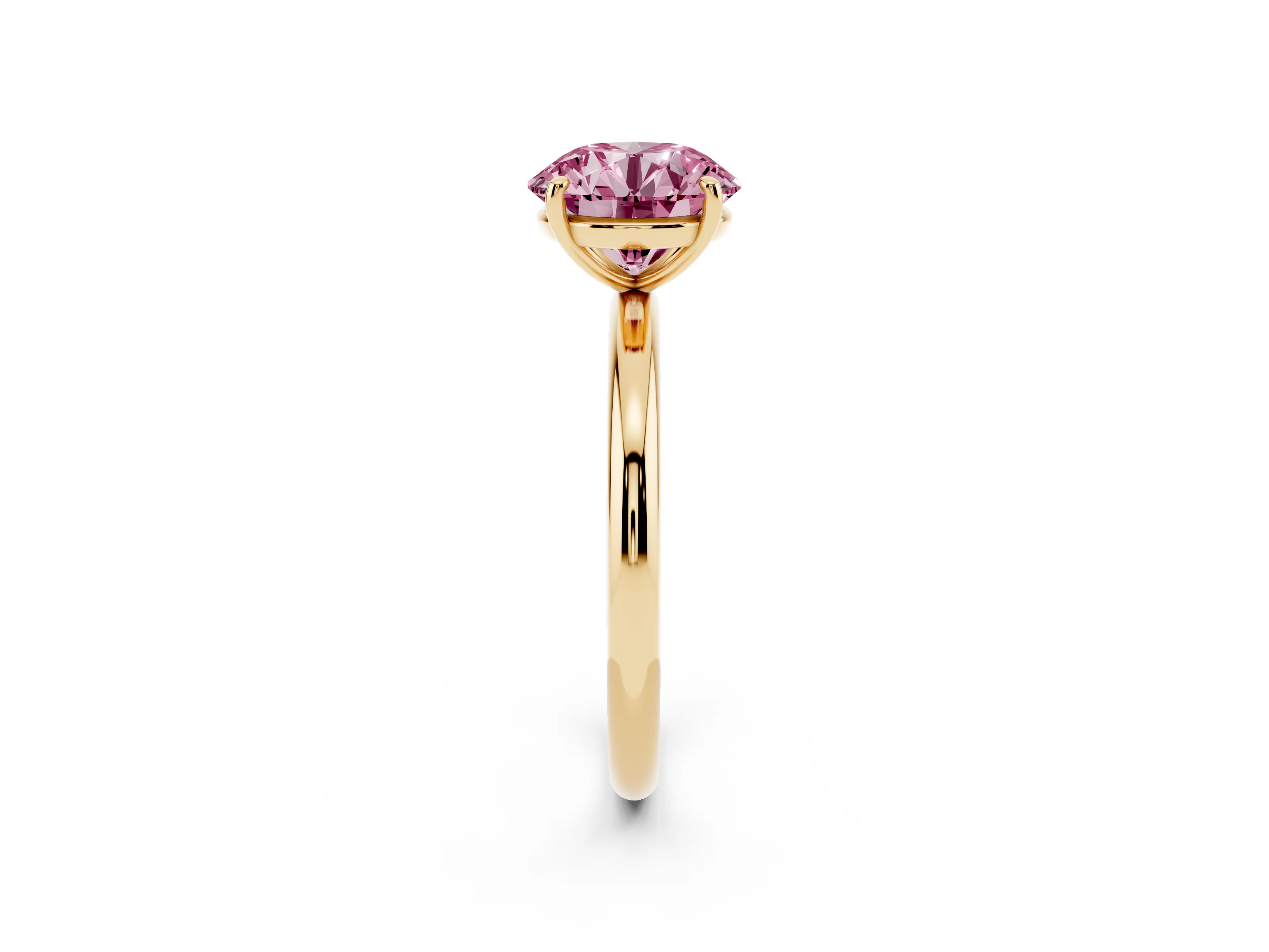 Fancy Pink Round Cut Diamond Solitaire Ring Set in Yellow gold with Prong Setting on a Polished Plain Band