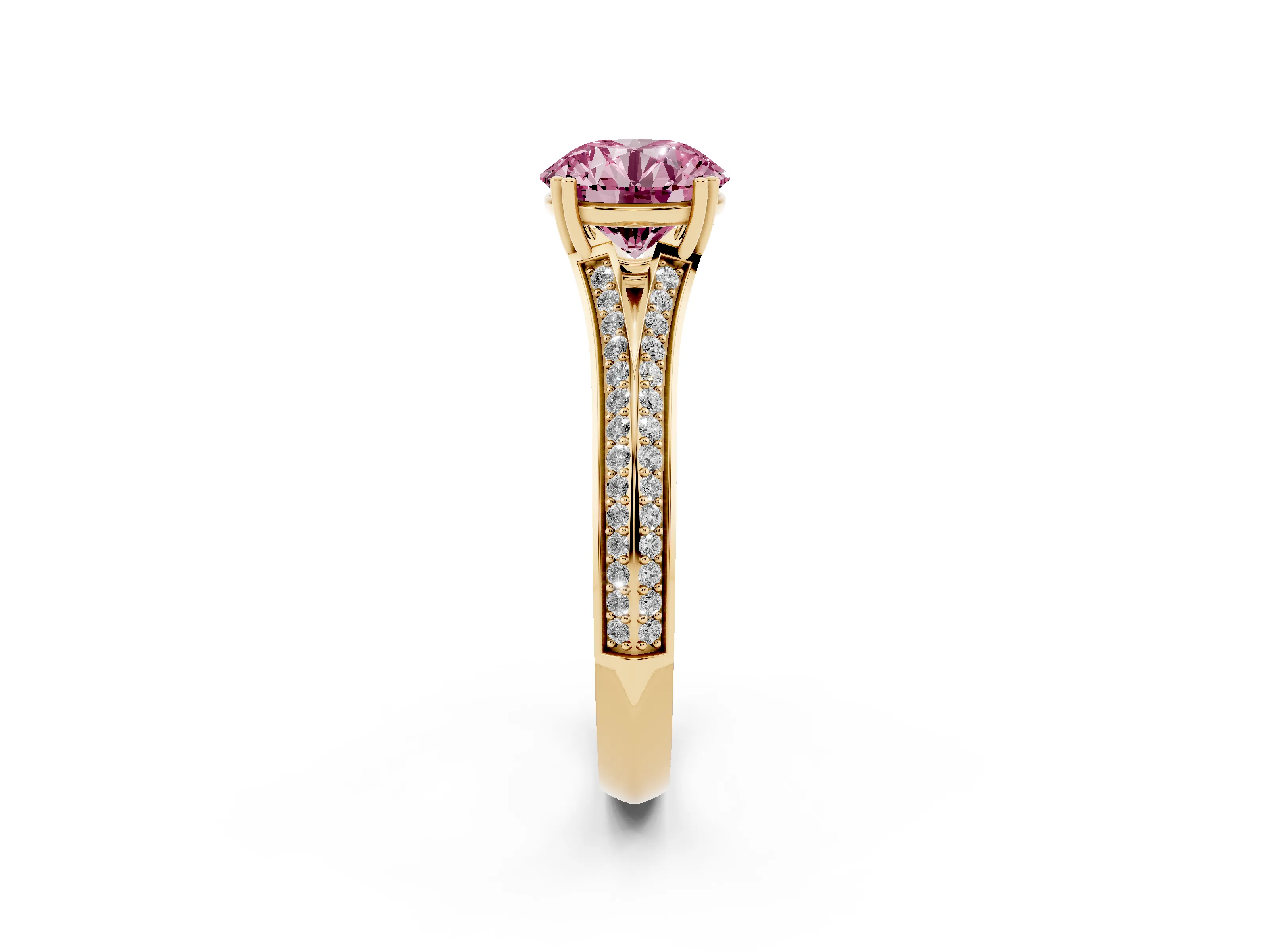 Fancy Pink Round Cut Diamond Split Shank Pavé Engagement Ring Set in Yellow gold with Prong-Set Center Stone