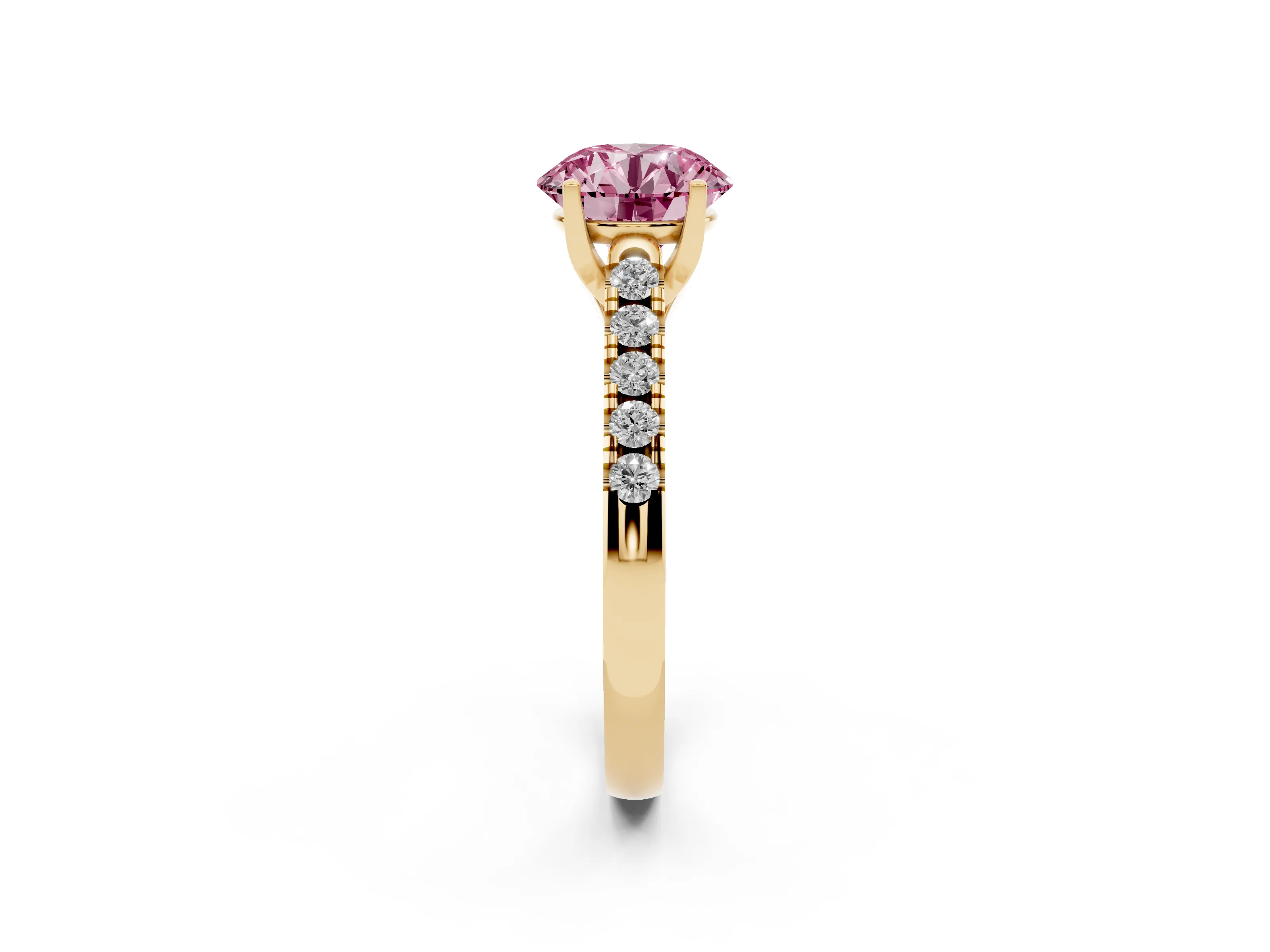 Fancy Pink Round Cut Diamond Pavé Band Solitaire Ring Set in Yellow gold with Partway Accent Stones and Prong Setting