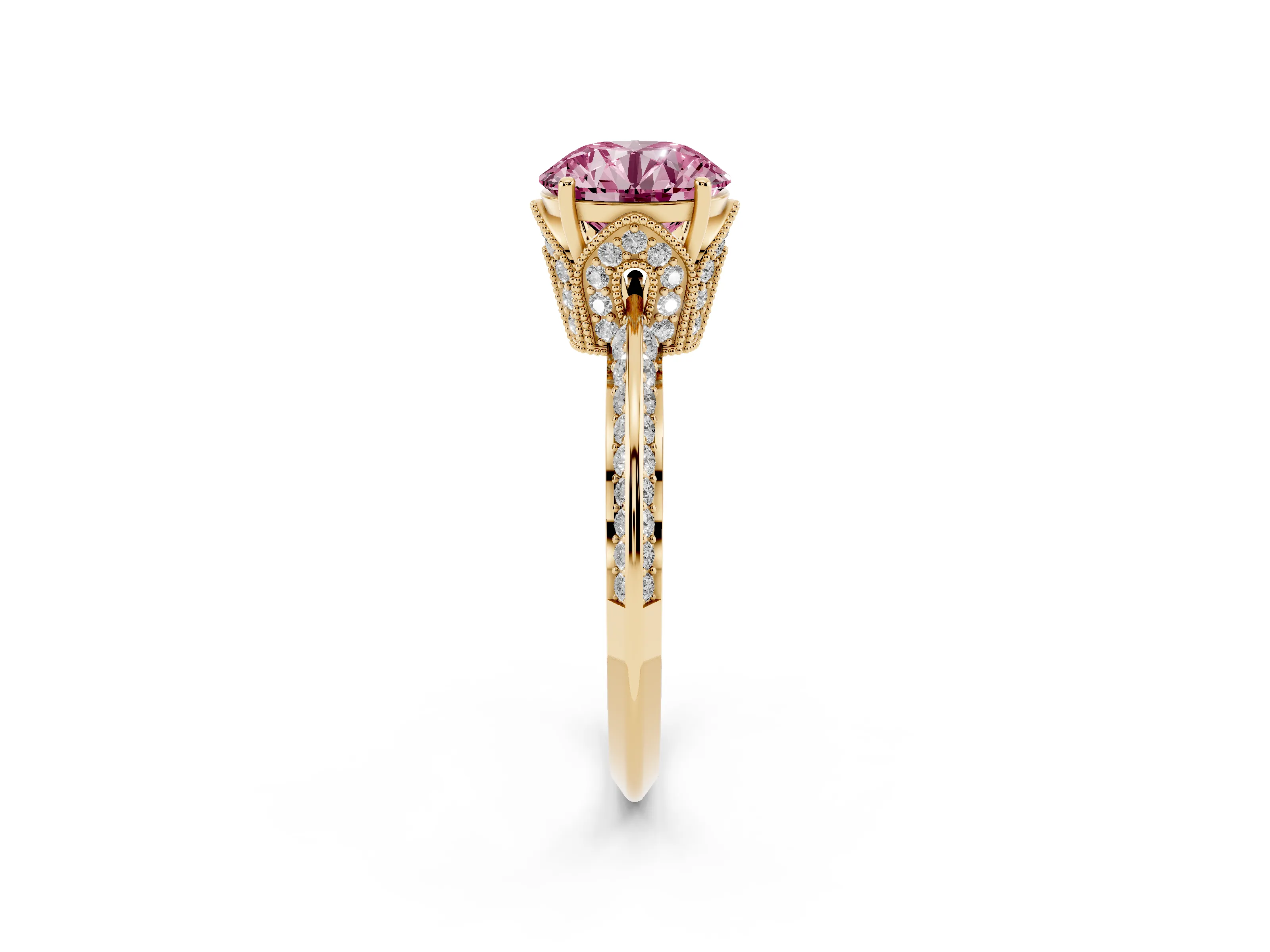 Fancy Pink Round Cut Diamond Solitaire Engagement Ring Set in Yellow gold with Pavé Split Shank and Prong Setting