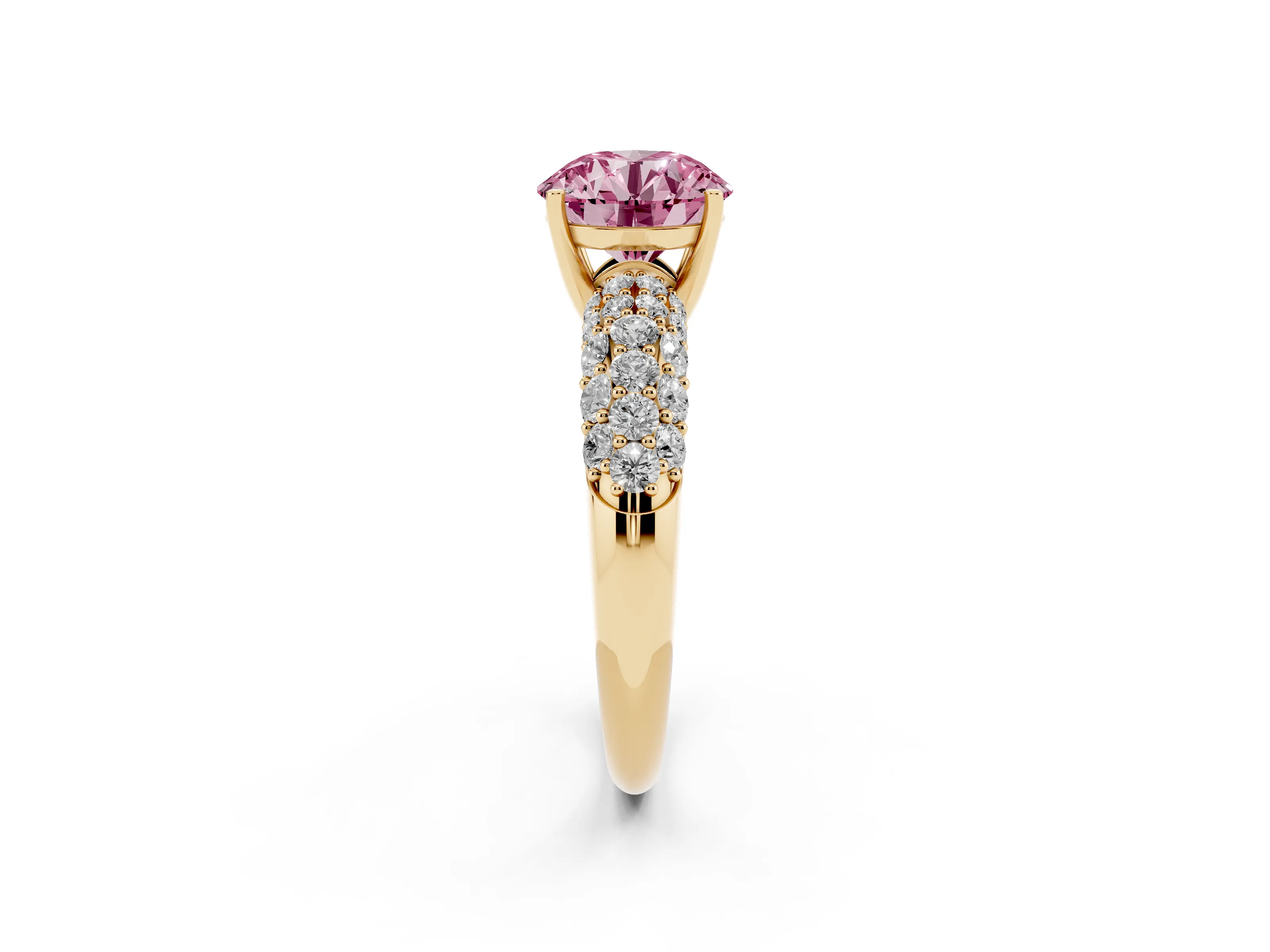 Fancy Pink Round Cut Diamond Pavé Band Solitaire Ring Set in Yellow gold with Close-Set Accent Stones and Prong Setting