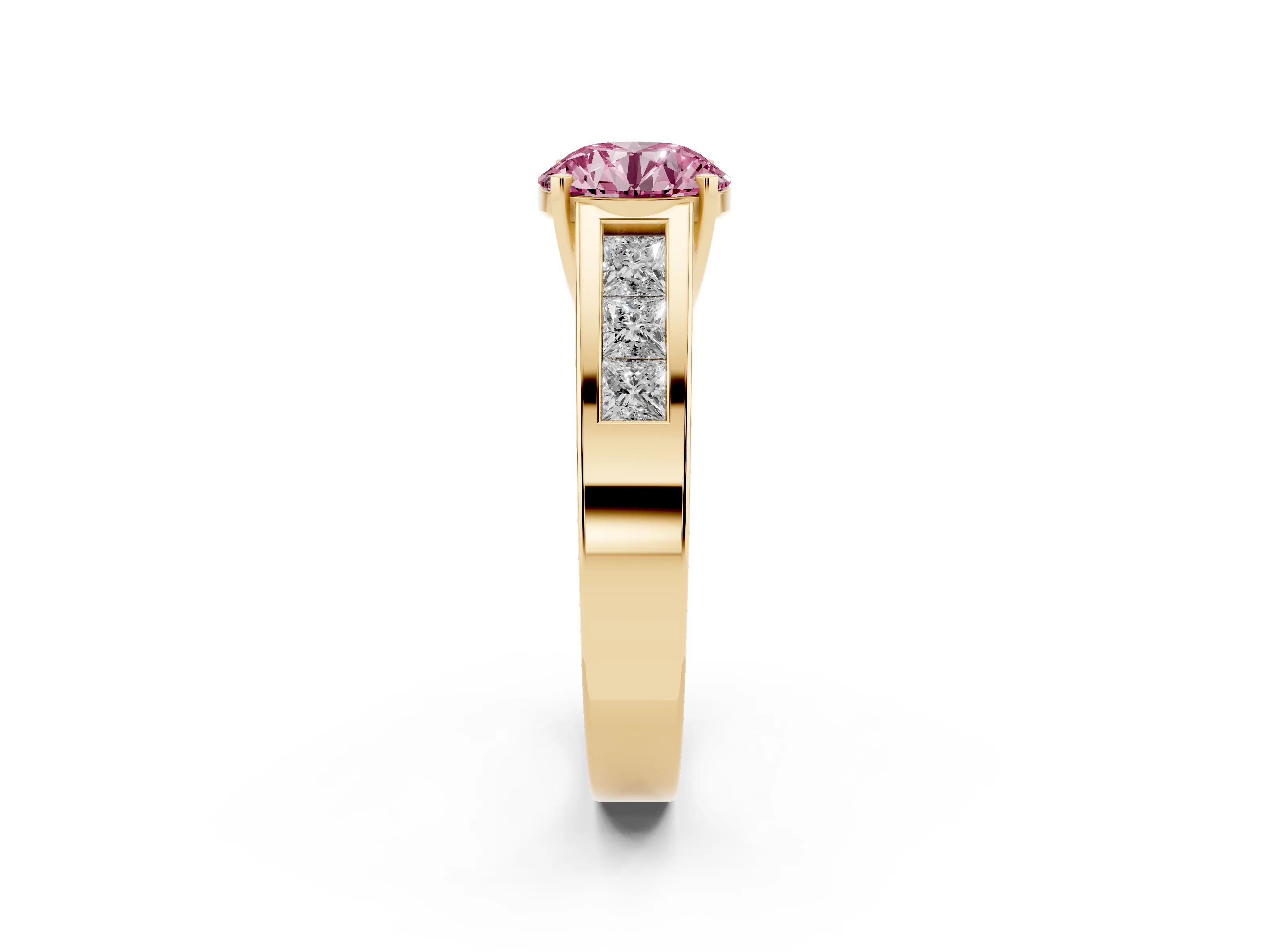 Fancy Pink Round Cut Diamond Solitaire Ring Set in Yellow gold with Channel-Set Accent Stones and Prong Setting