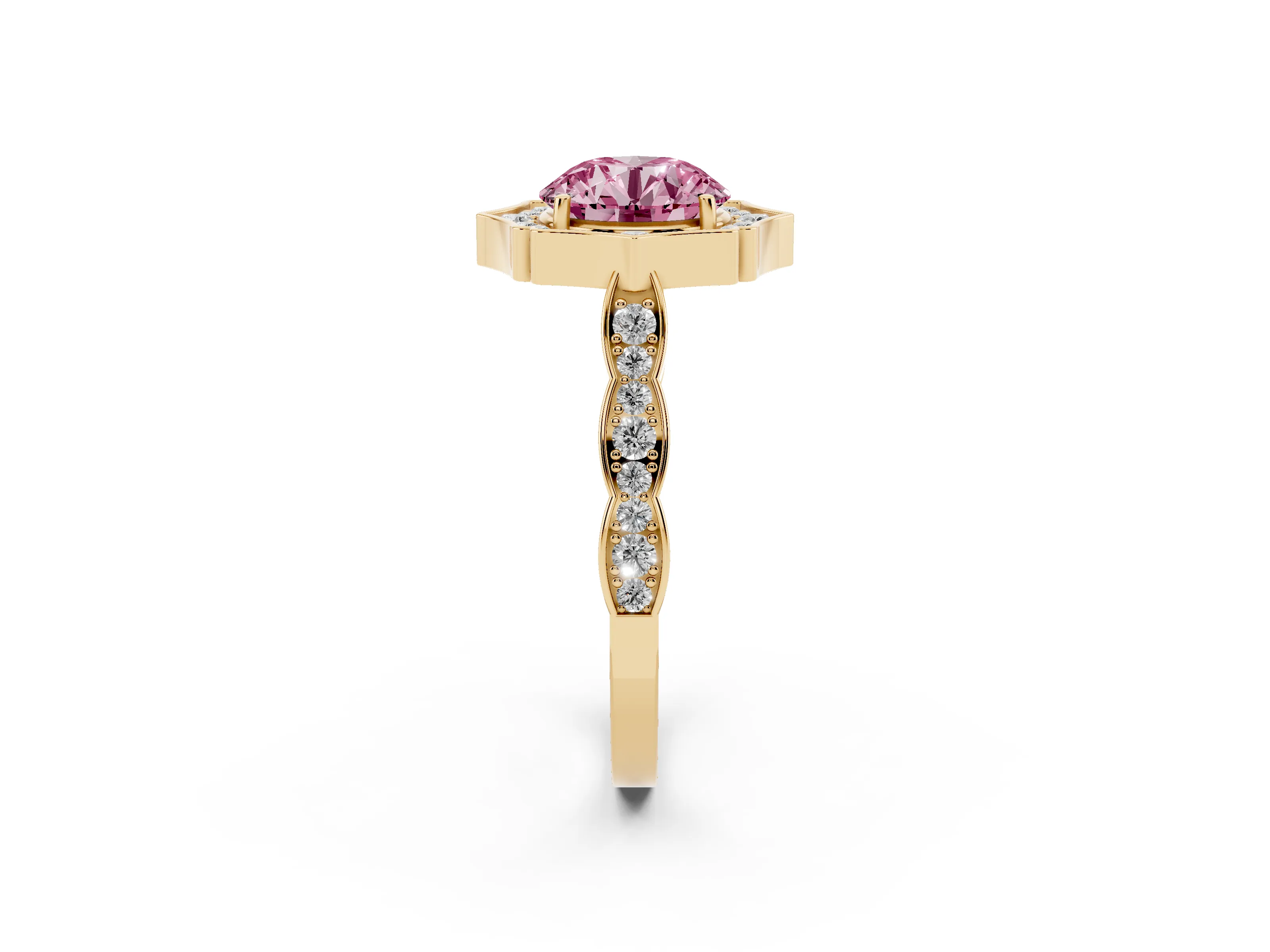 Fancy Pink Round Cut Diamond Halo Engagement Ring Set in Yellow gold with Milgrain Band and Prong Setting