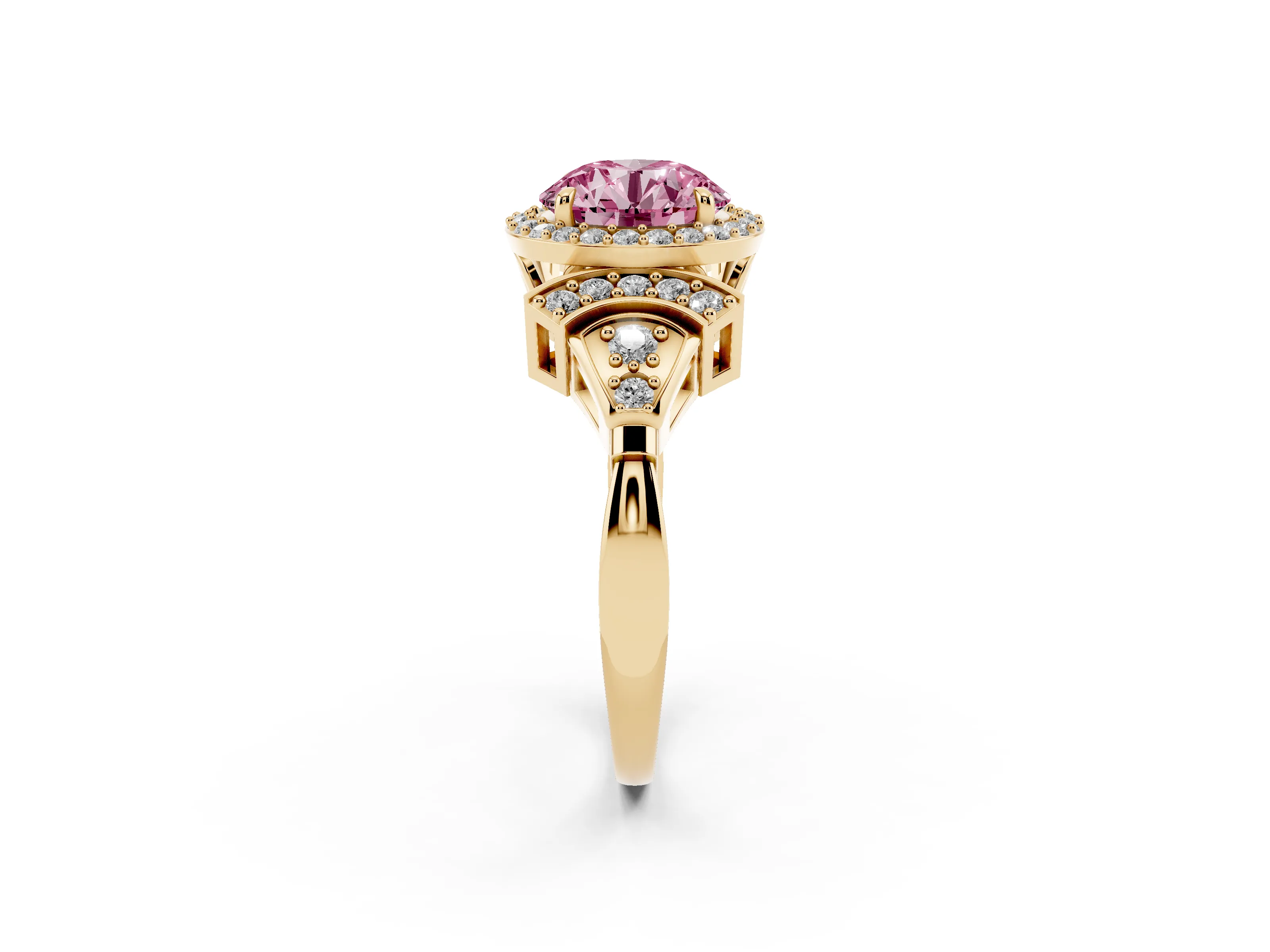 Fancy Pink Round Cut Diamond Halo Engagement Ring Set in Yellow gold with Accent Stone Split Shank