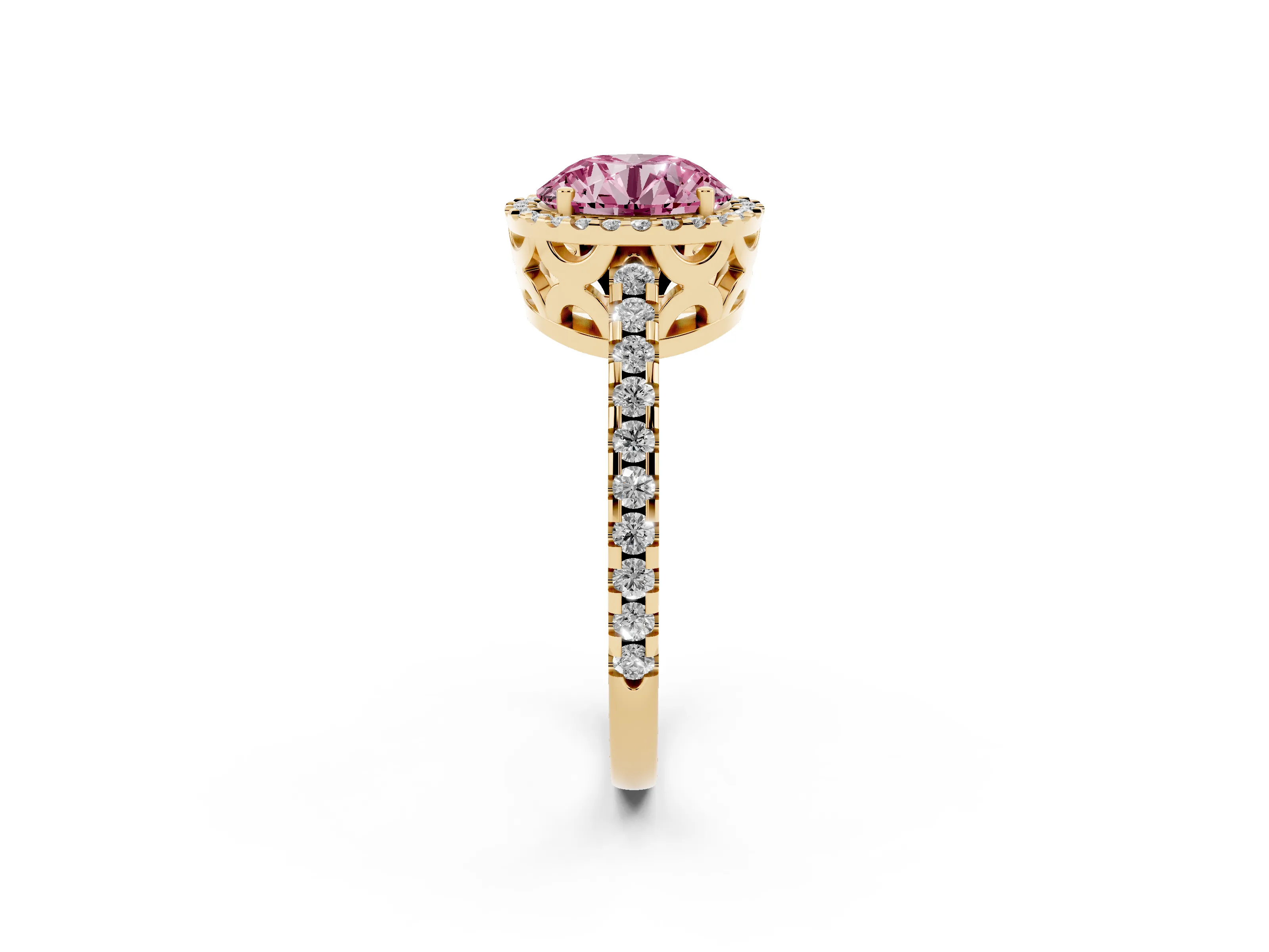 Fancy Pink Round Cut Diamond Halo Ring Set in Yellow gold with Pavé Shoulders and Halo-Framed Center