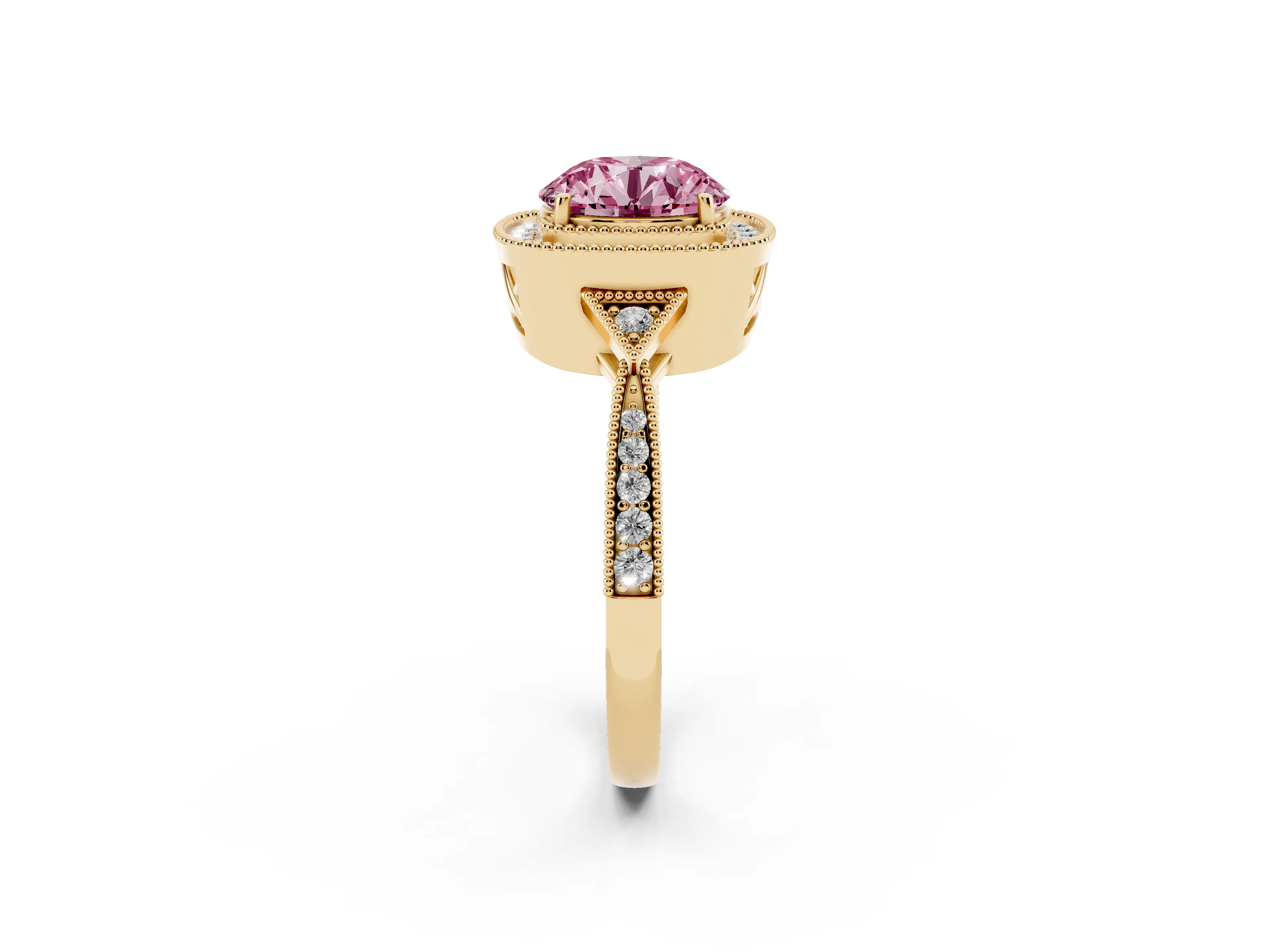 Fancy Pink Round Cut Diamond Halo Engagement Ring Set in Yellow gold with Milgrain Pavé Band