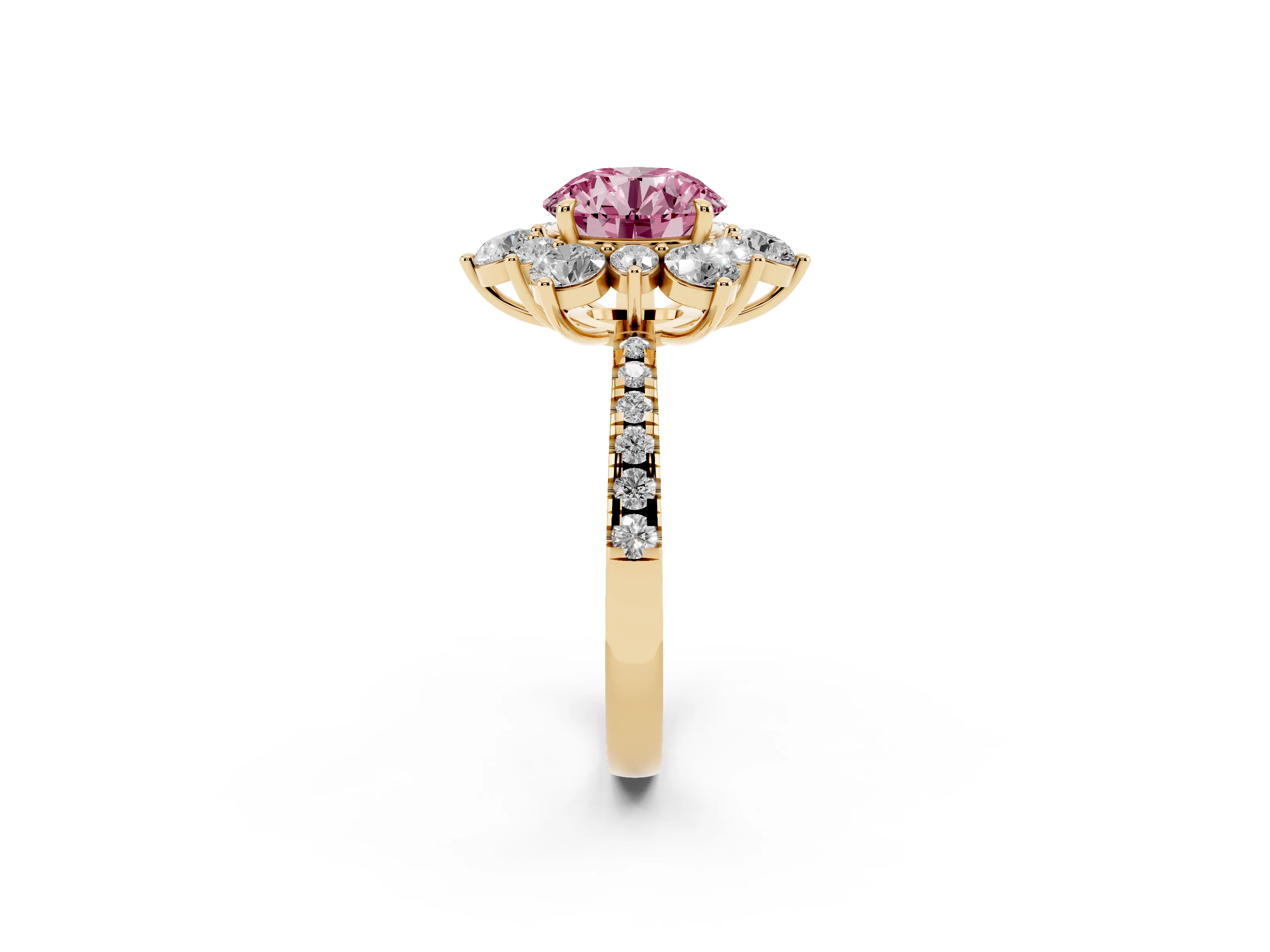 Fancy Pink Round Cut Diamond Floral Halo Ring Set in Yellow gold with Round Pavé Band and Prong Setting