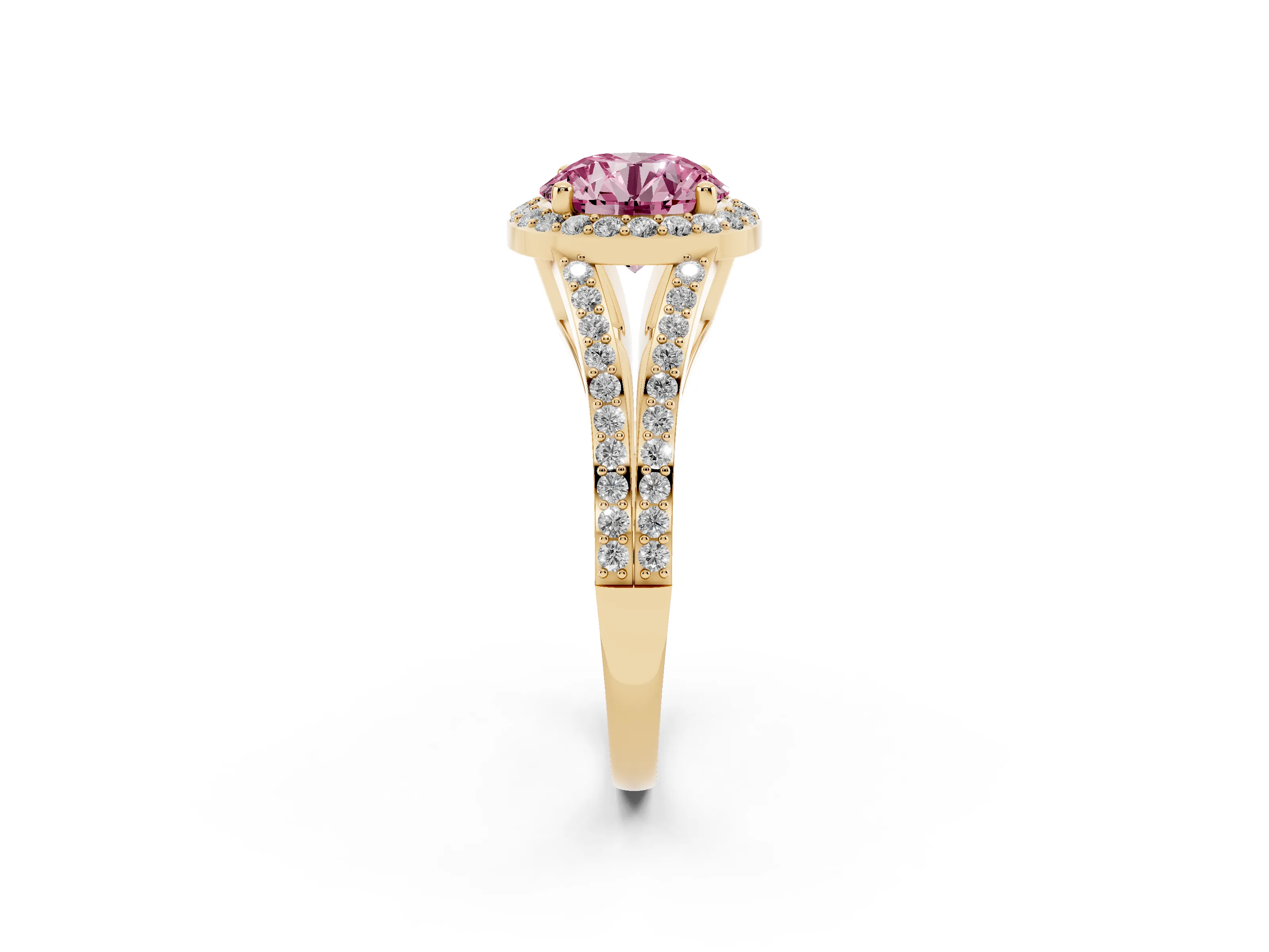 Fancy Pink Round Cut Diamond Halo Split Shank Pavé Ring Set in Yellow gold with Prong Setting