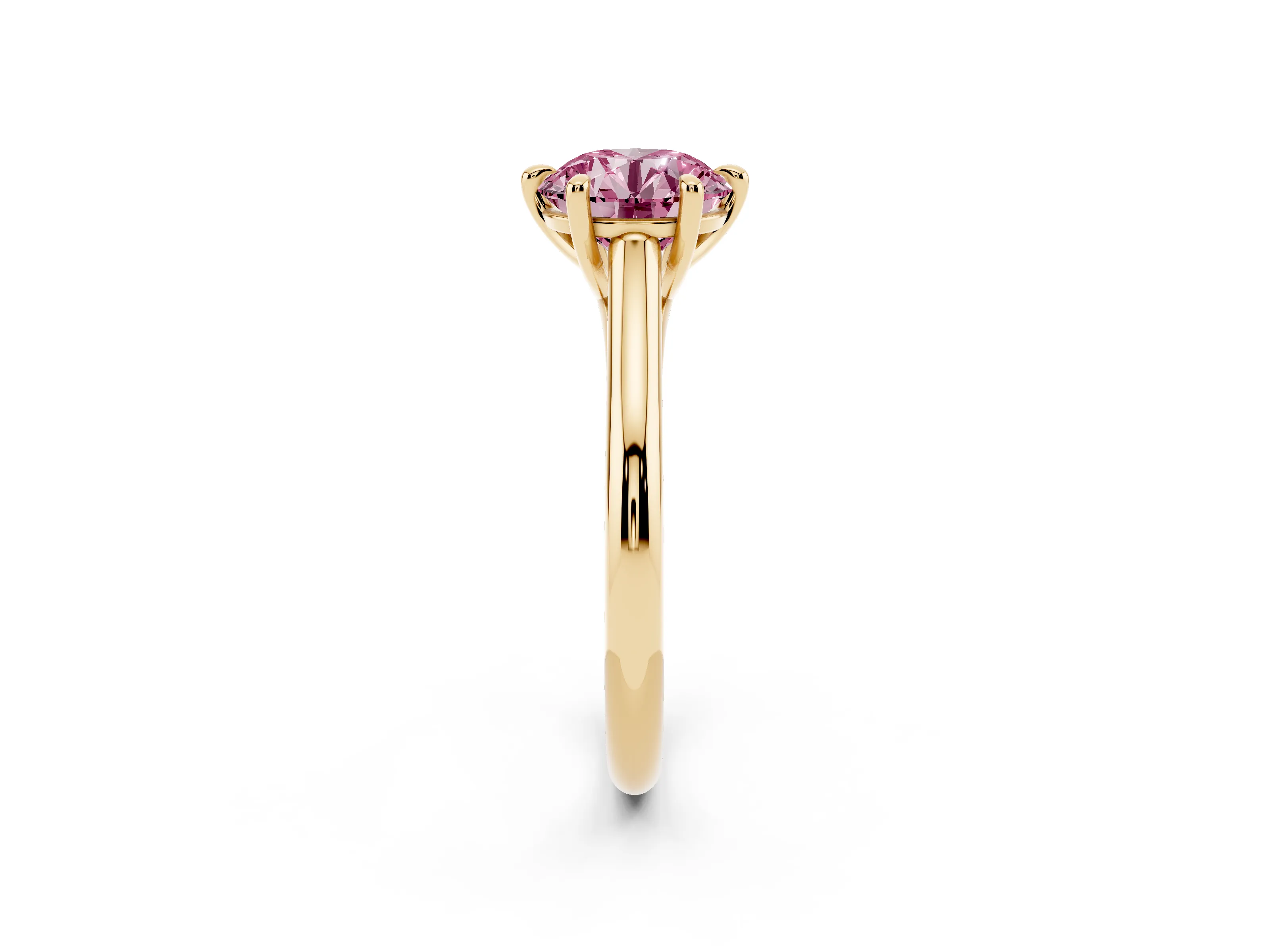 Fancy Pink Round Cut Diamond Solitaire Engagement Ring Set in Yellow gold with Prong Setting and Plain Classic Band