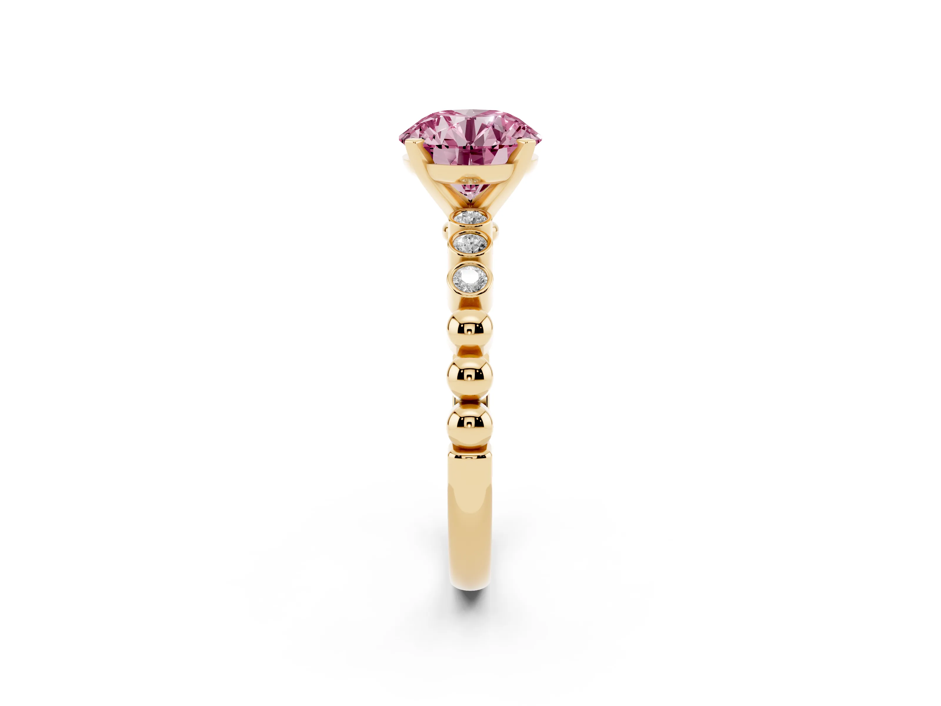 Fancy Pink Round Cut Diamond Solitaire Engagement Ring Set in Yellow gold with Bezel Accents on Beaded Band