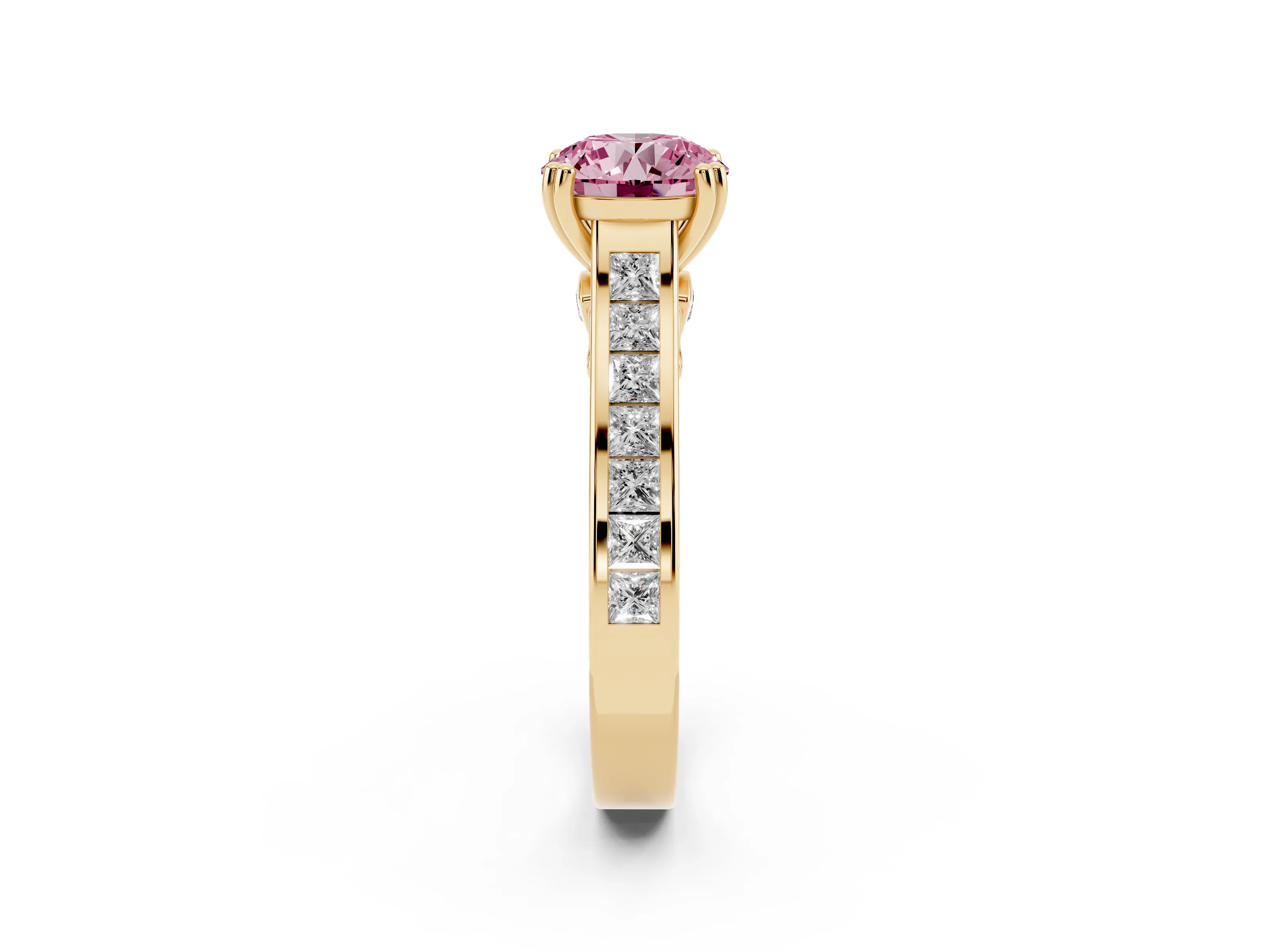 Fancy Pink Round Cut Diamond Channel Set Solitaire Engagement Ring Set in Yellow gold with Prong Setting