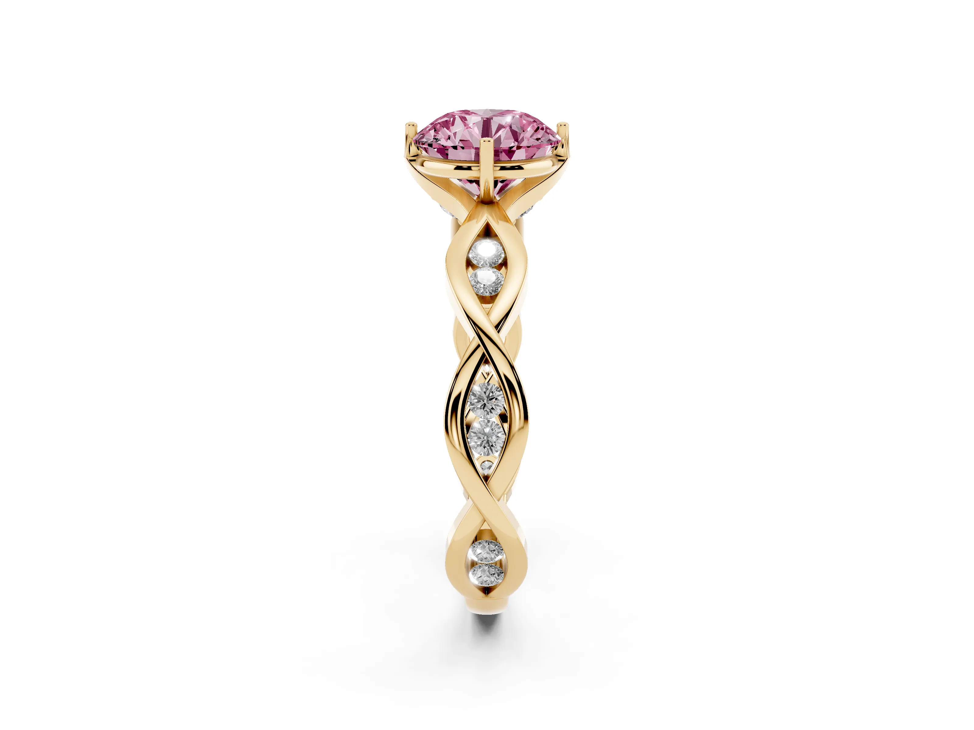 Fancy Pink Round Cut Diamond Twist Band Solitaire Ring Set in Yellow gold with Leaf Prong Setting and Accent Stones