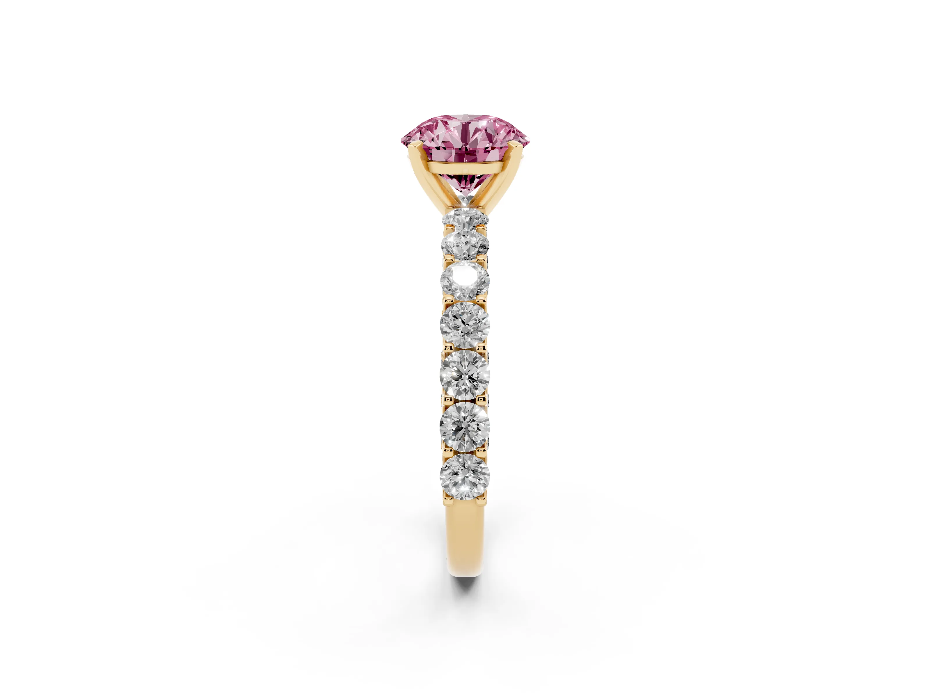 Fancy Pink Round Cut Diamond Solitaire Ring Set in Yellow gold with Shared Prong Pavé Band