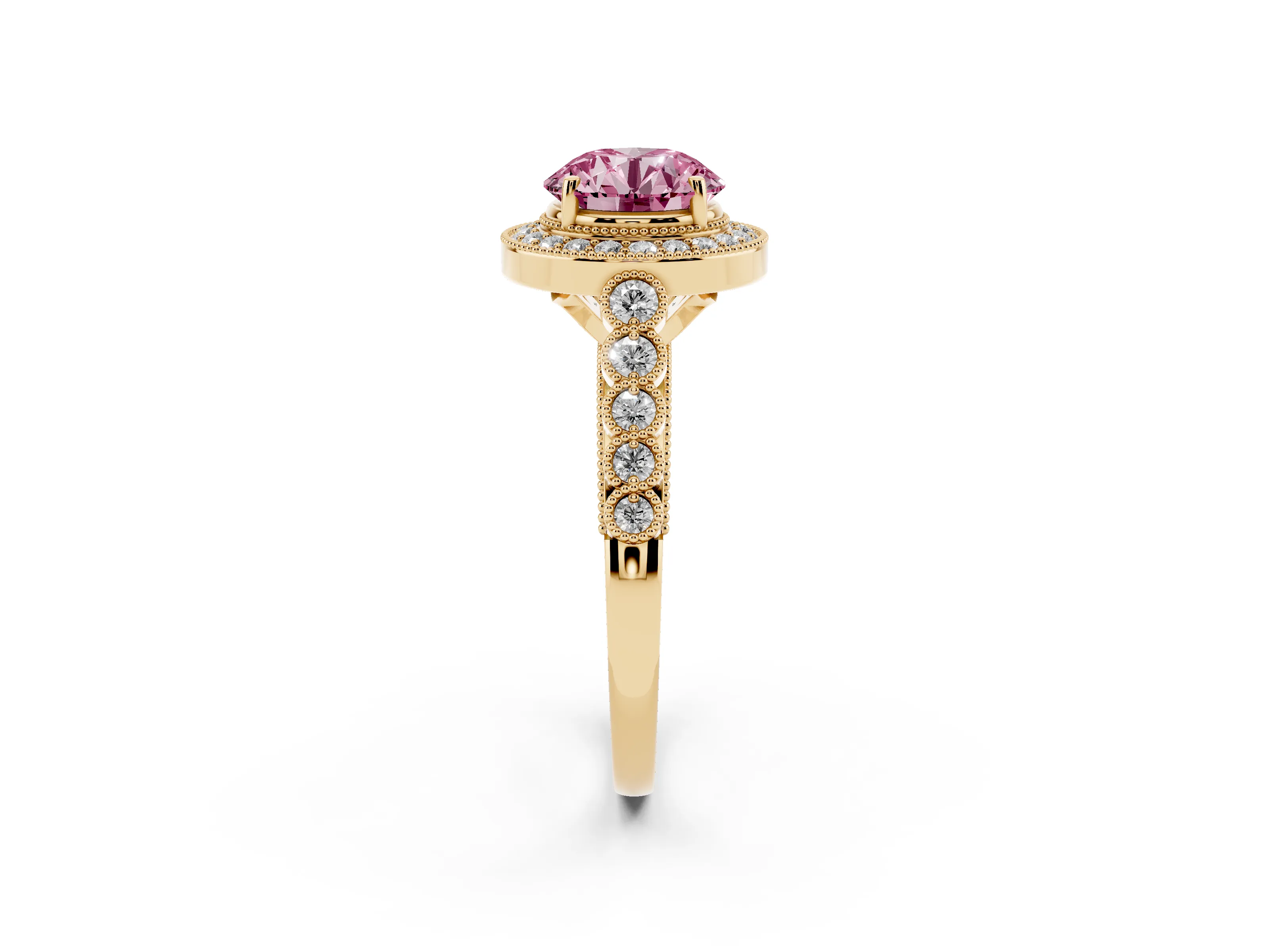 Fancy Pink Round Cut Diamond Milgrain Halo Solitaire Ring Set in Yellow gold with Bezel Set Side Stones and Pavé Band