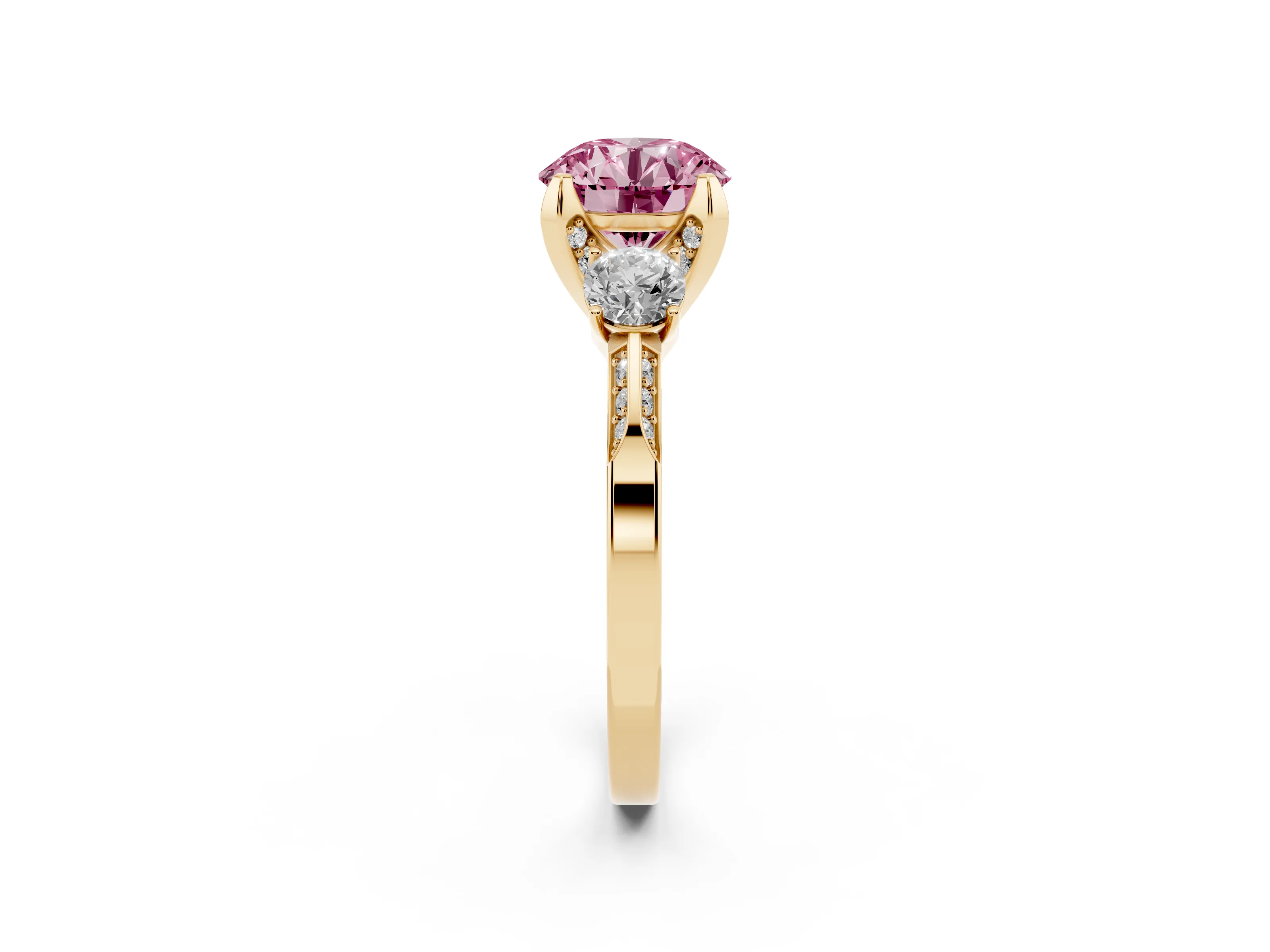 Fancy Pink Round Cut Diamond Three-Stone Ring Set in Yellow gold with Pavé Band and Smaller Side Stones