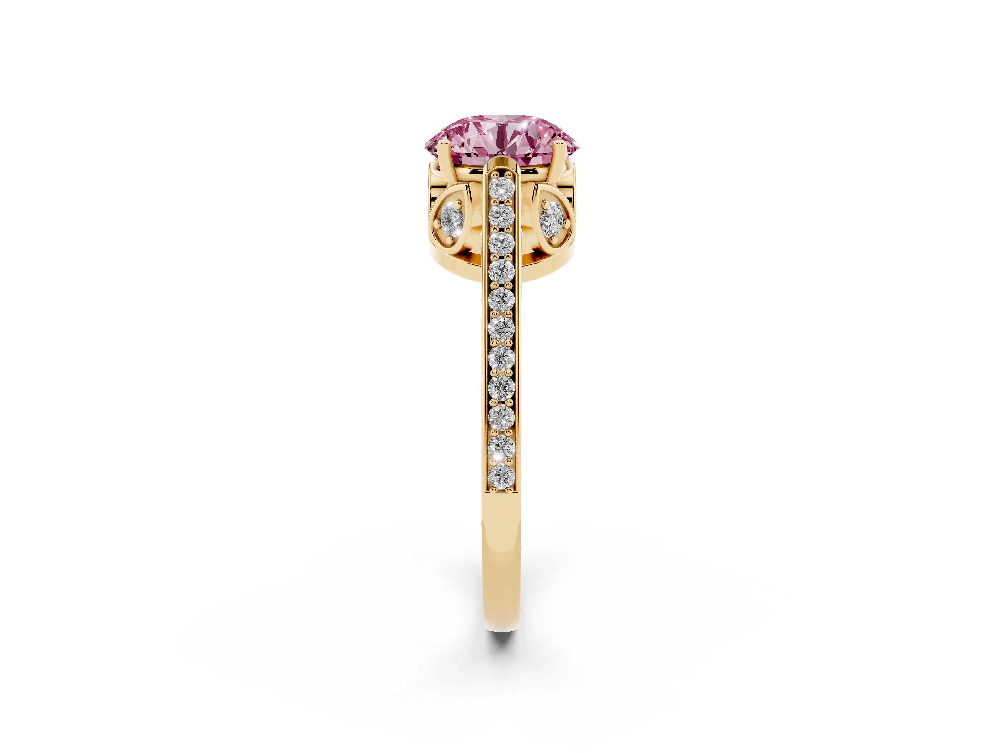 Fancy Pink Round Cut Diamond Cathedral Pavé Engagement Ring Set in Yellow gold with Prong Setting