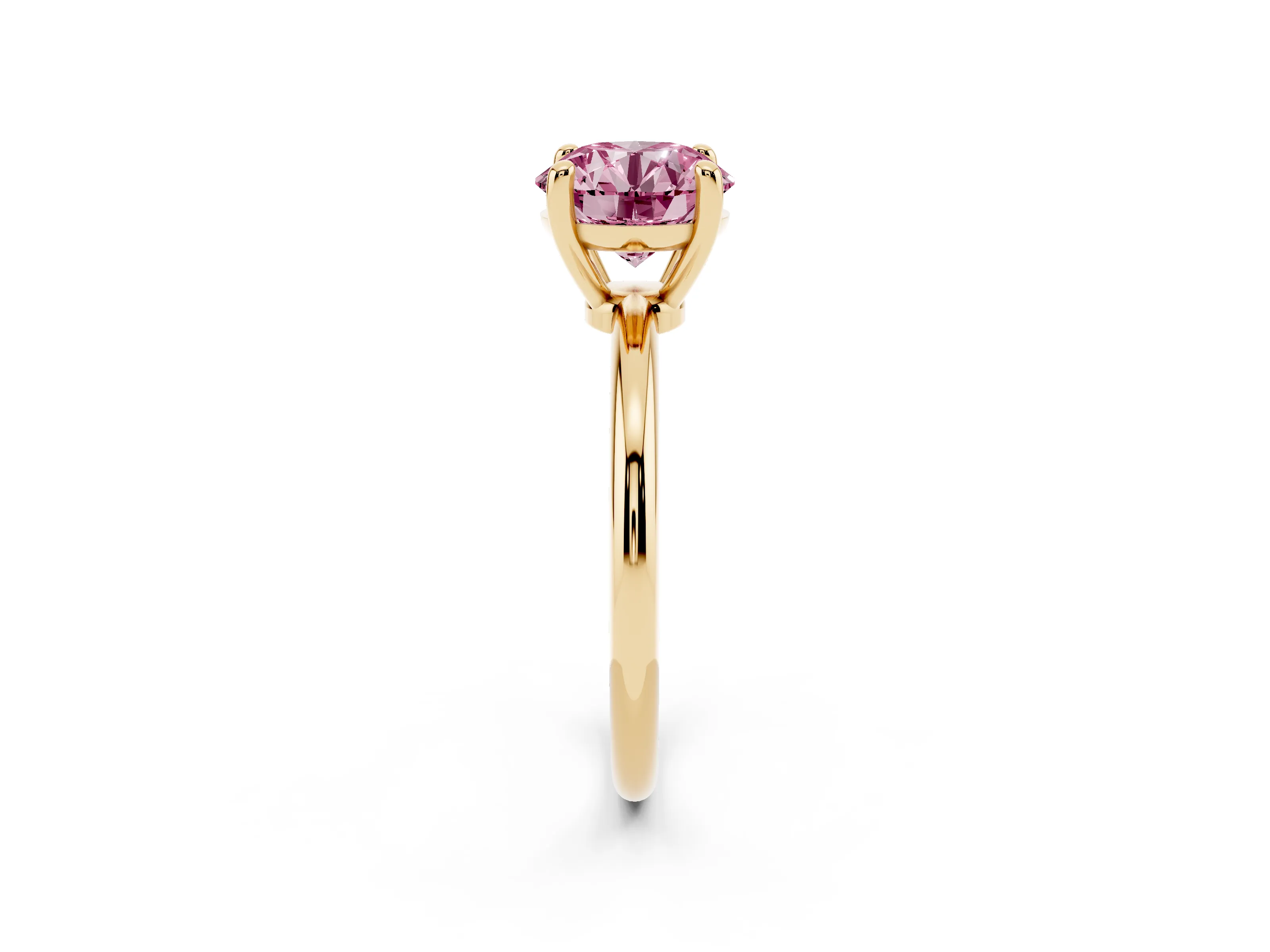 Fancy Pink Round Cut Diamond Solitaire Ring Set in Yellow gold with Secure Prong Setting on a Classic Band
