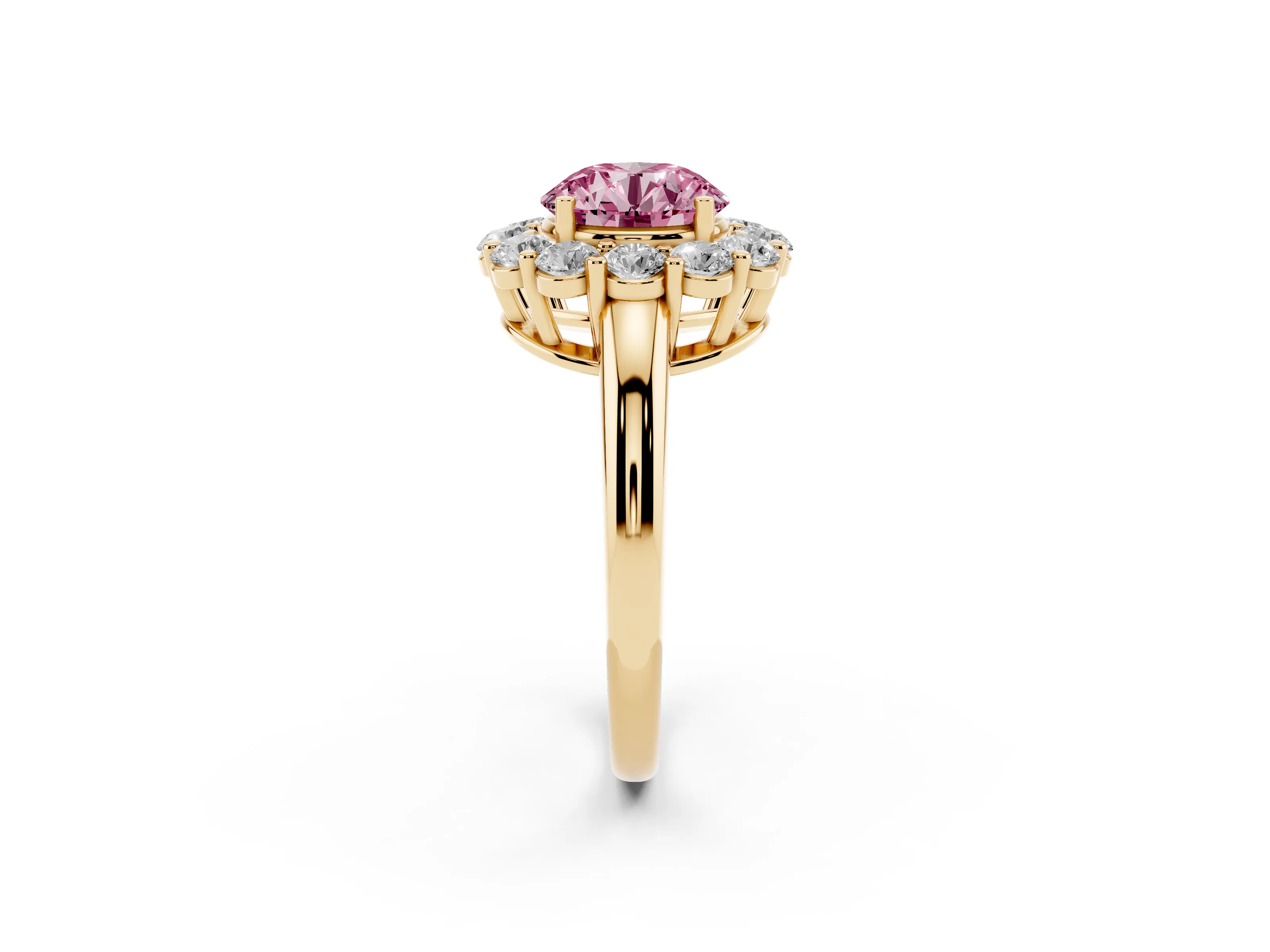 Fancy Pink Round Cut Diamond Halo Cluster Engagement Ring Set in Yellow gold with Polished Band and Prong Setting