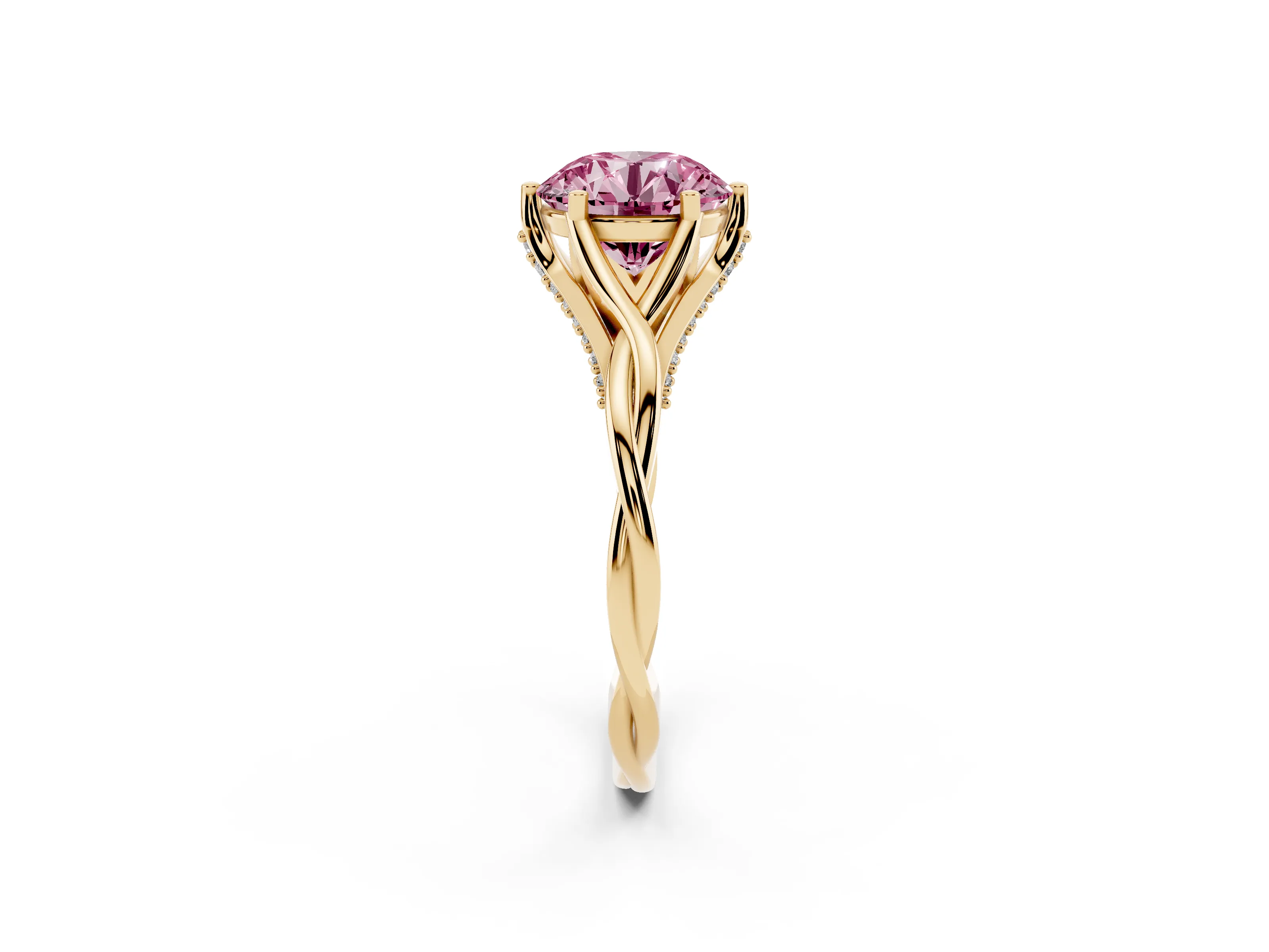 Fancy Pink Round Cut Diamond Intertwined Twist Band Solitaire Ring Set in Yellow gold with Prong Setting