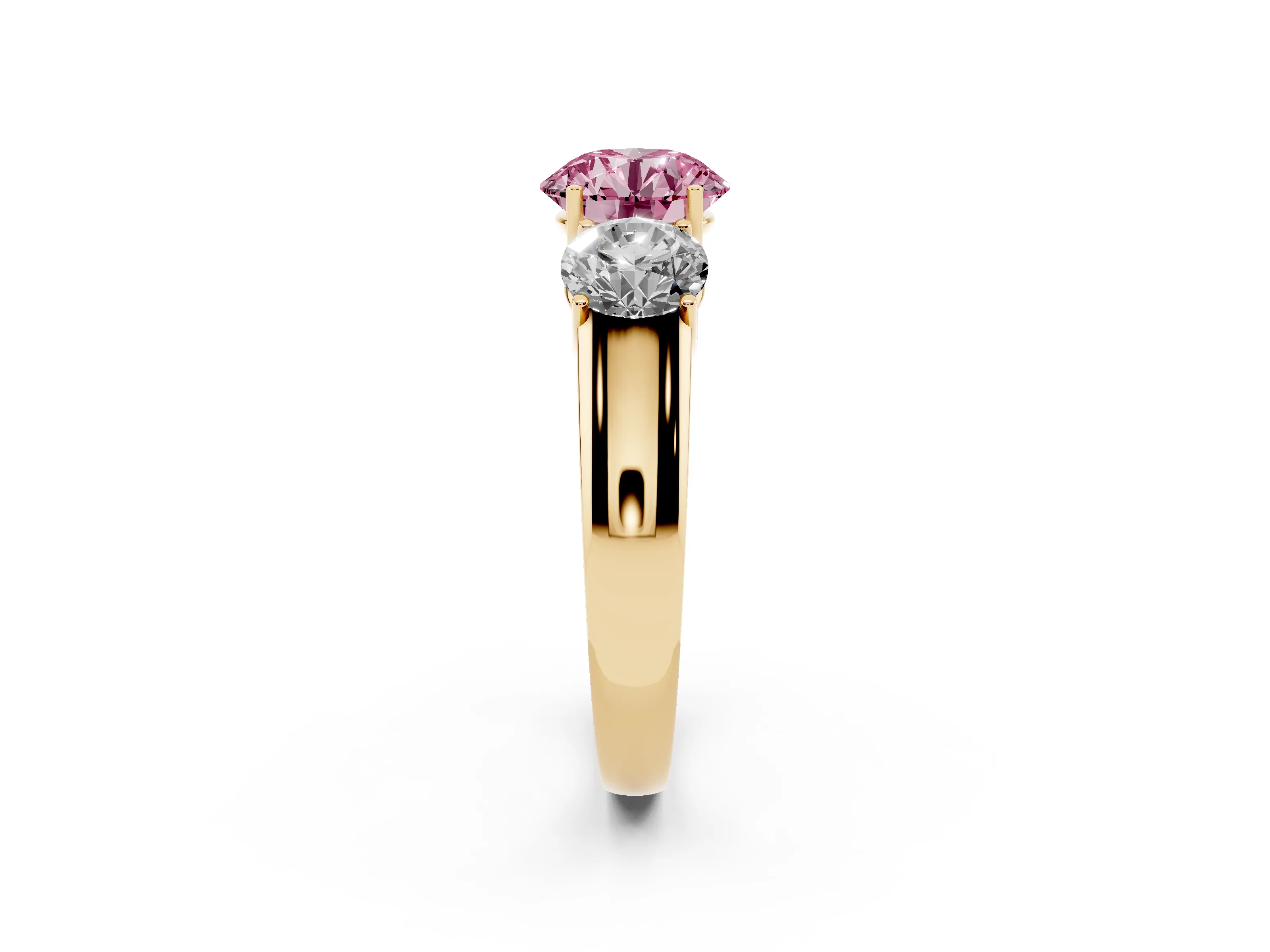 Fancy Pink Three-Stone Round Cut Diamond Ring Set in Yellow gold with Matching Prong Settings and Plain Band