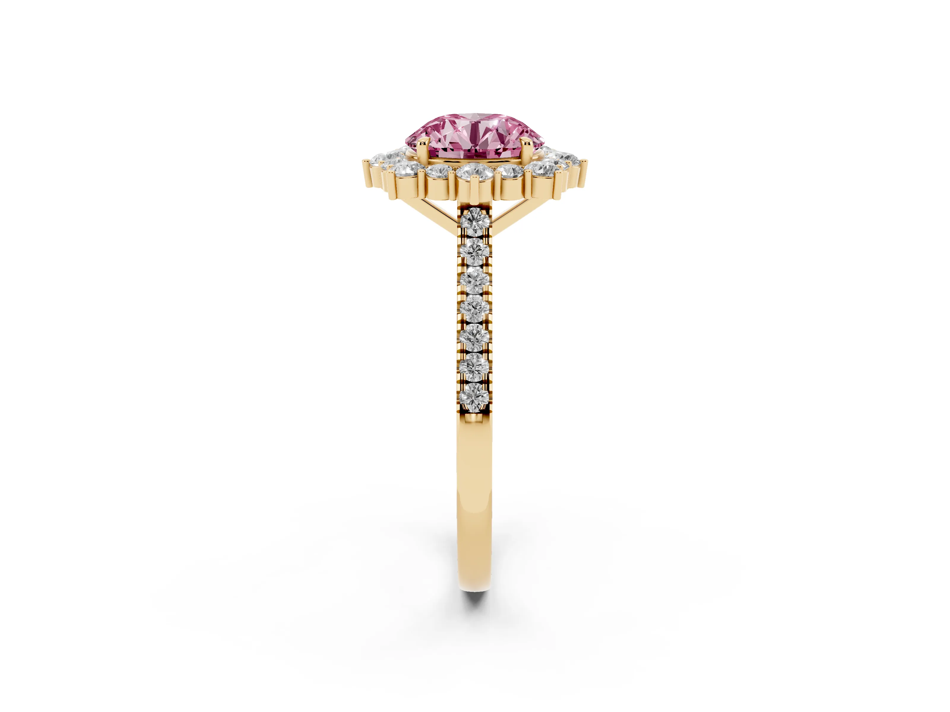 Fancy Pink Round Cut Diamond Halo Ring Set in Yellow gold with Pavé Band and Prong Setting