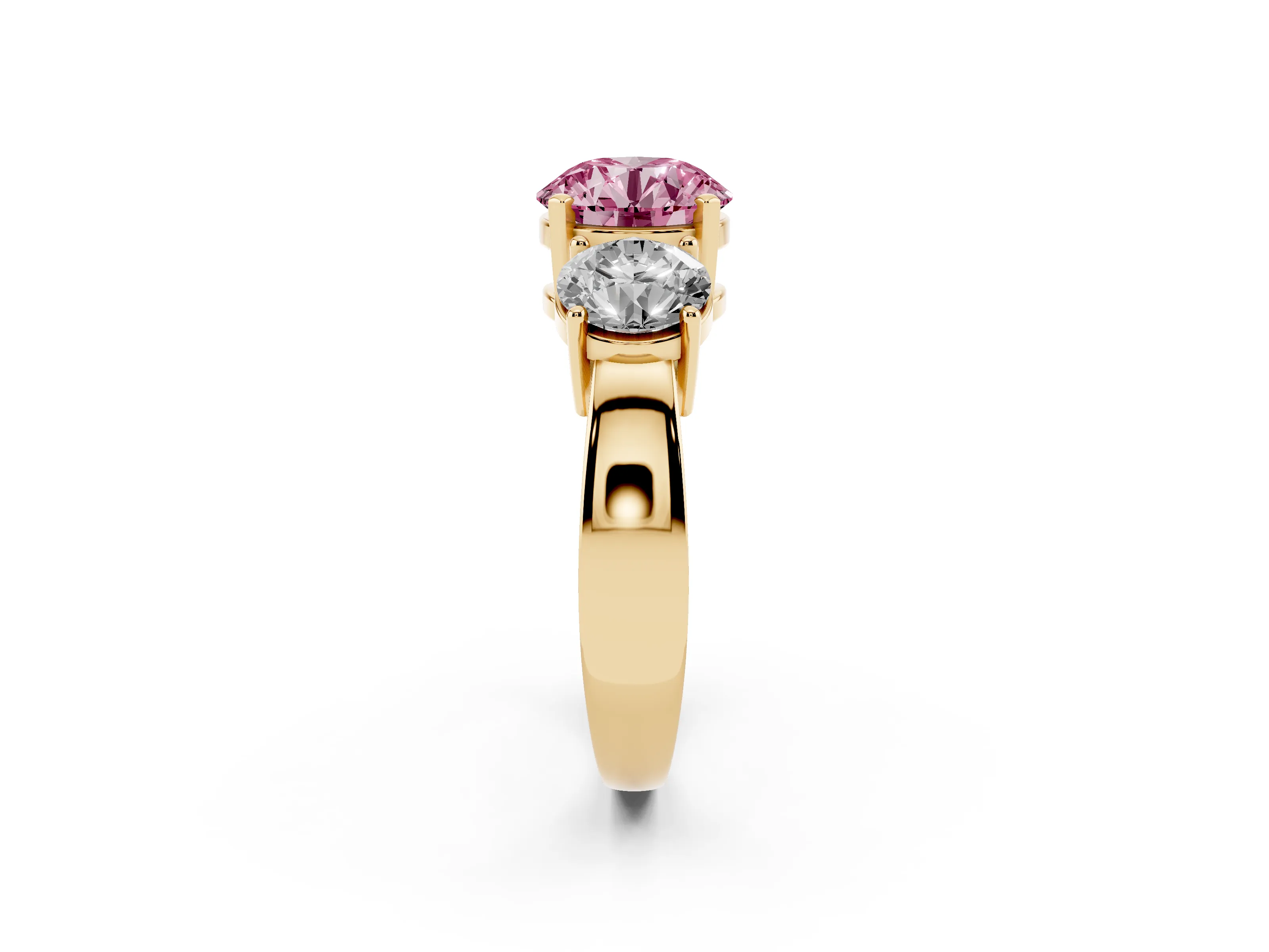 Fancy Pink Round Cut Diamond Three-Stone Ring Set in Yellow gold with Round Side Stones and Classic Band